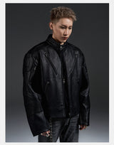 Dark Zip-Up Padded Biker Leather Jacket