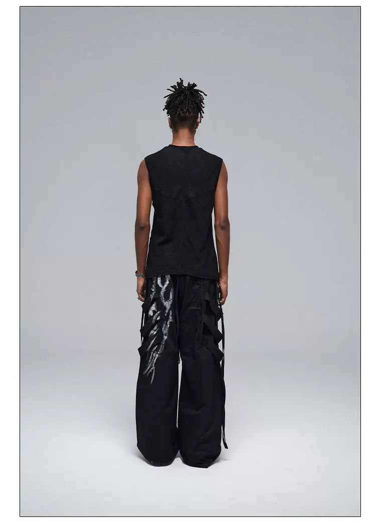 Stretchy Black Printed Ribbed Tank Top