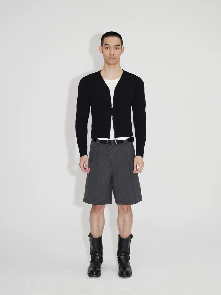 Asymmetric Placket Wool Feel Bermuda Shorts