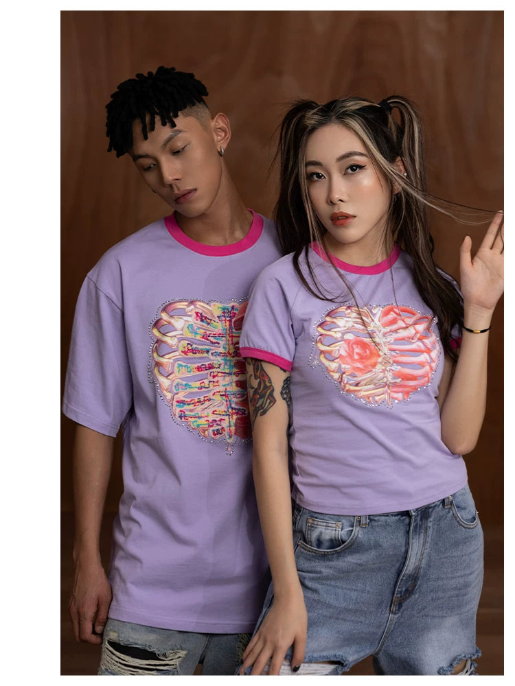 Slim Purple Heart Skeleton Rhinestone Tee