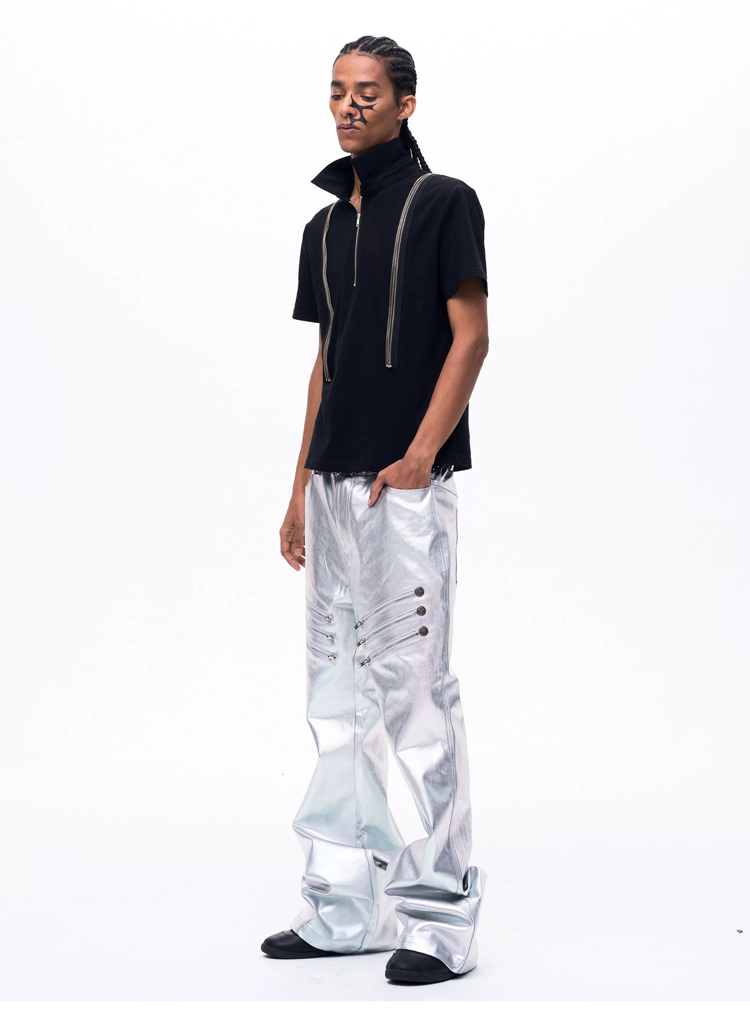 Men's Liquid Metal Silver Flared Jeans