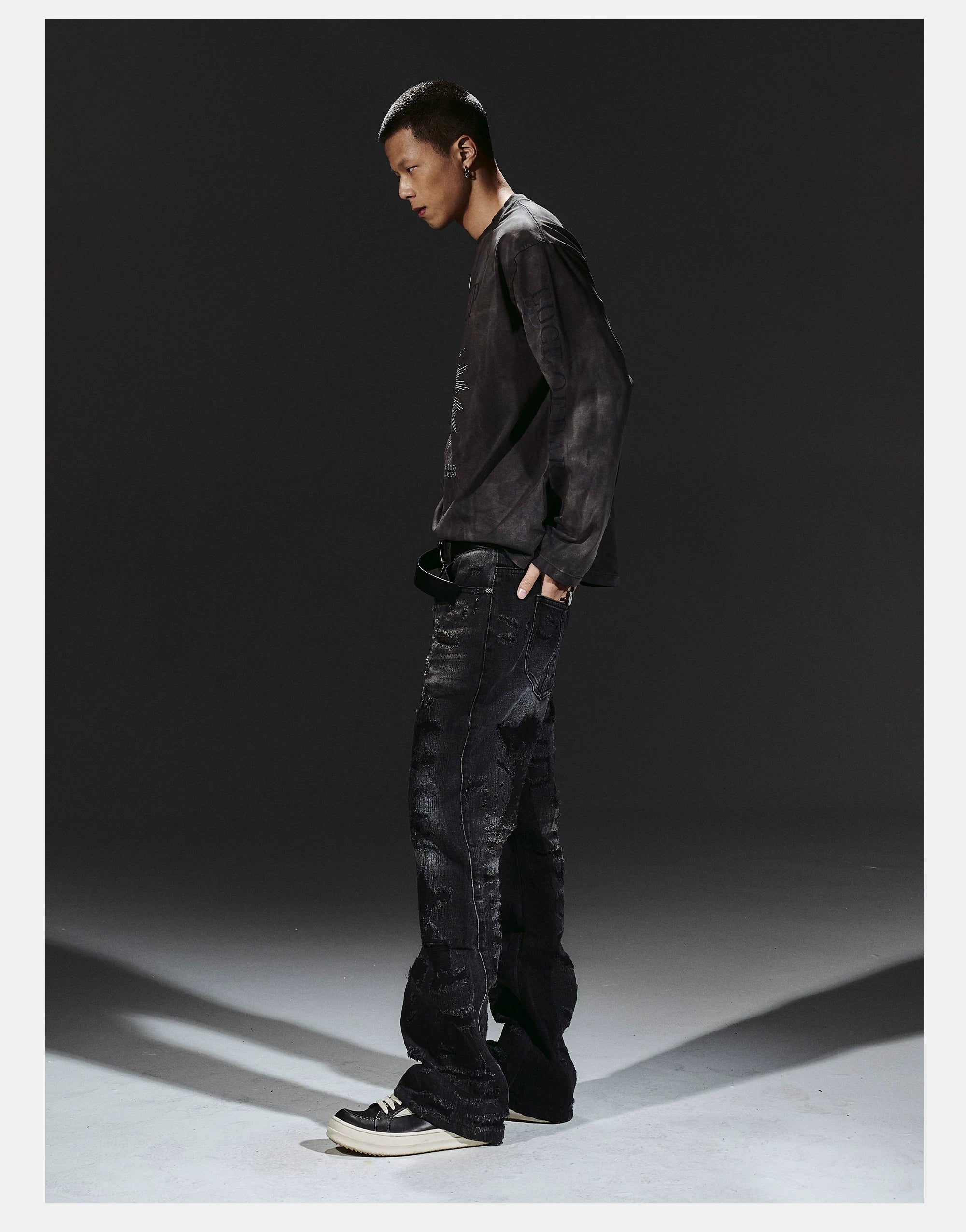 Flared Washed Distressed Patchwork Jeans