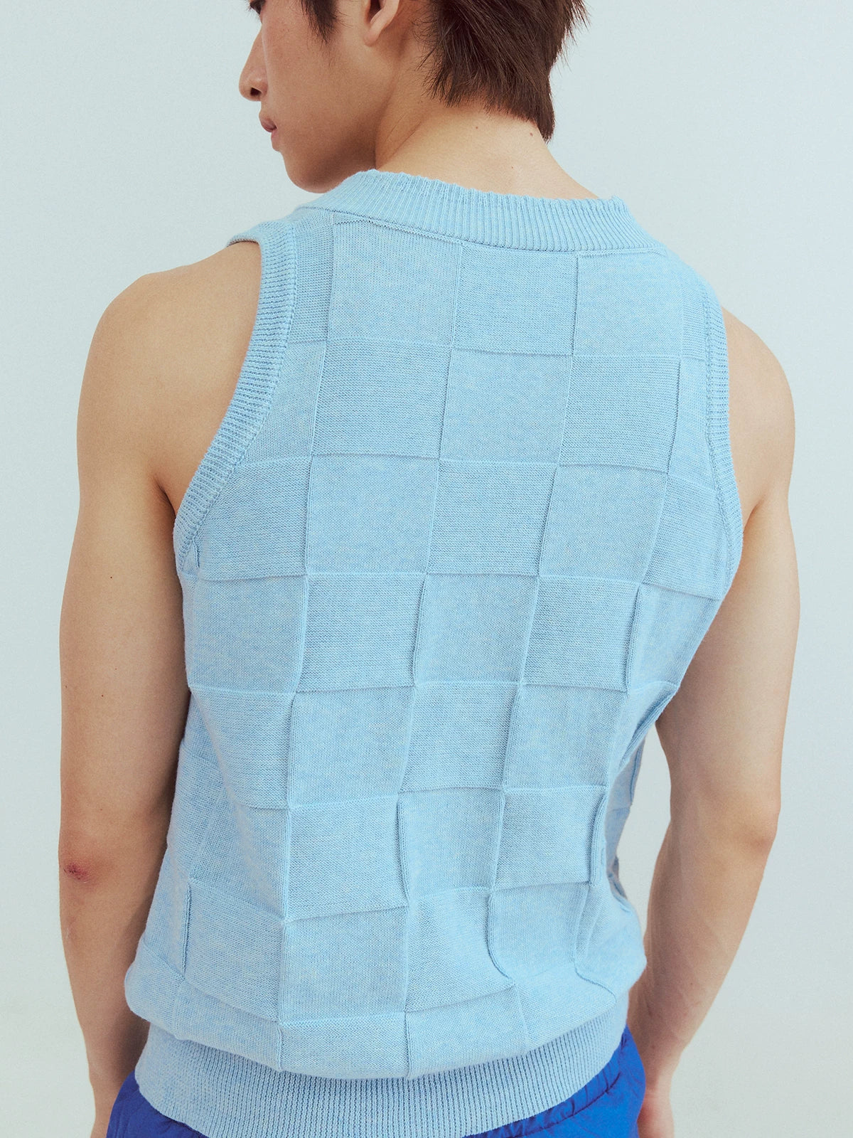 Blue Checkered Lace V-neck Cashmere Vest