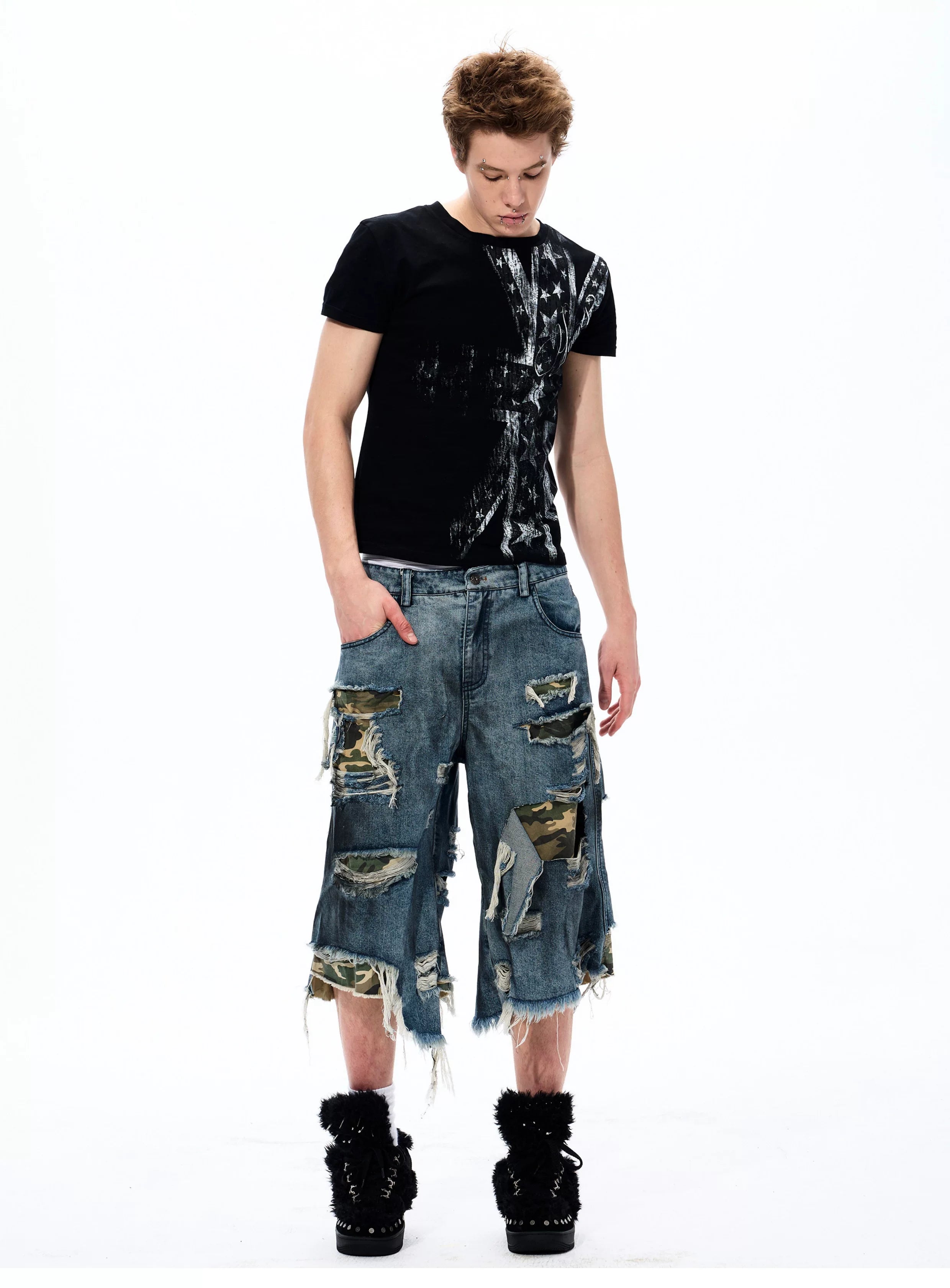 Street Style Splatter Ripped Cropped Pants
