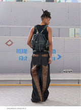 Leopard Cross Patchwork Baggy Curved Jeans