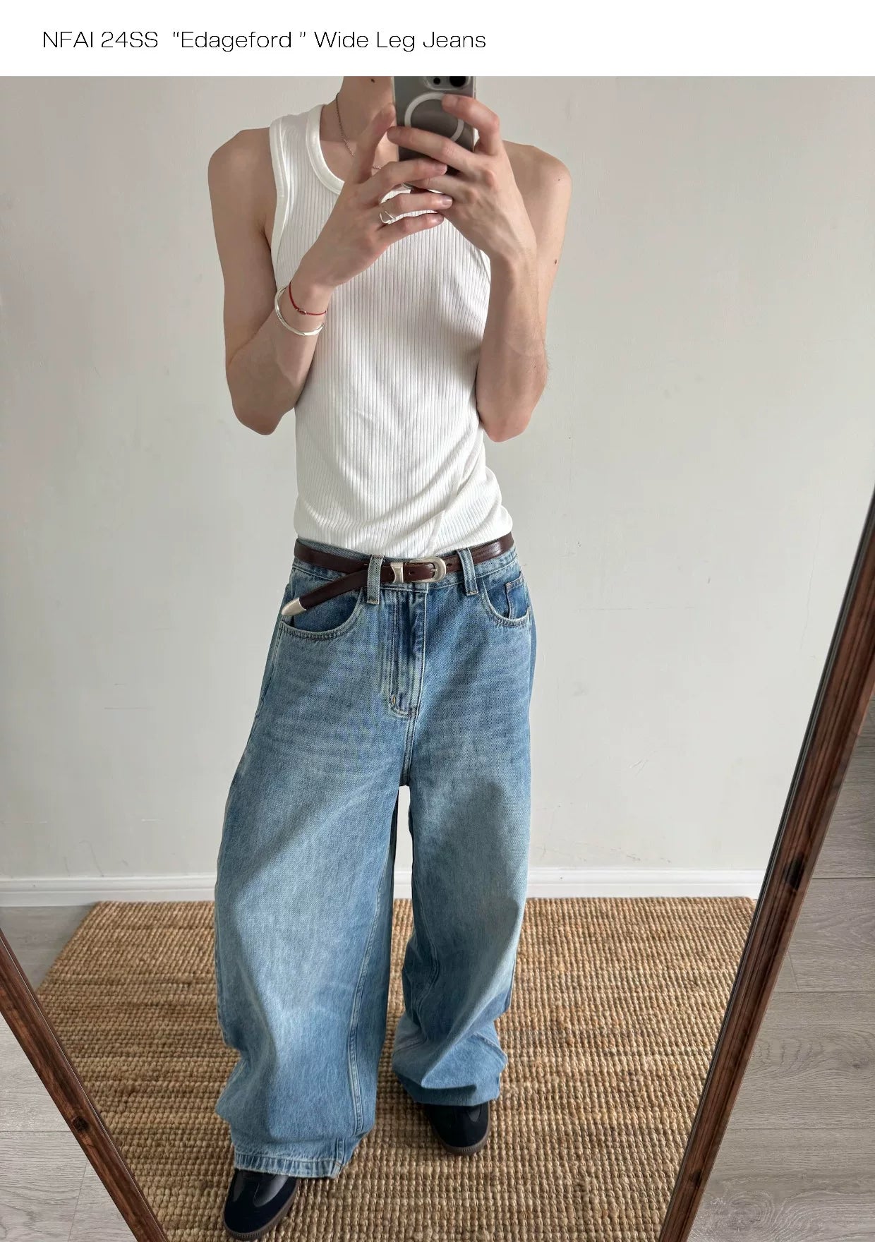 Wide Leg Cuffed Washed Jeans