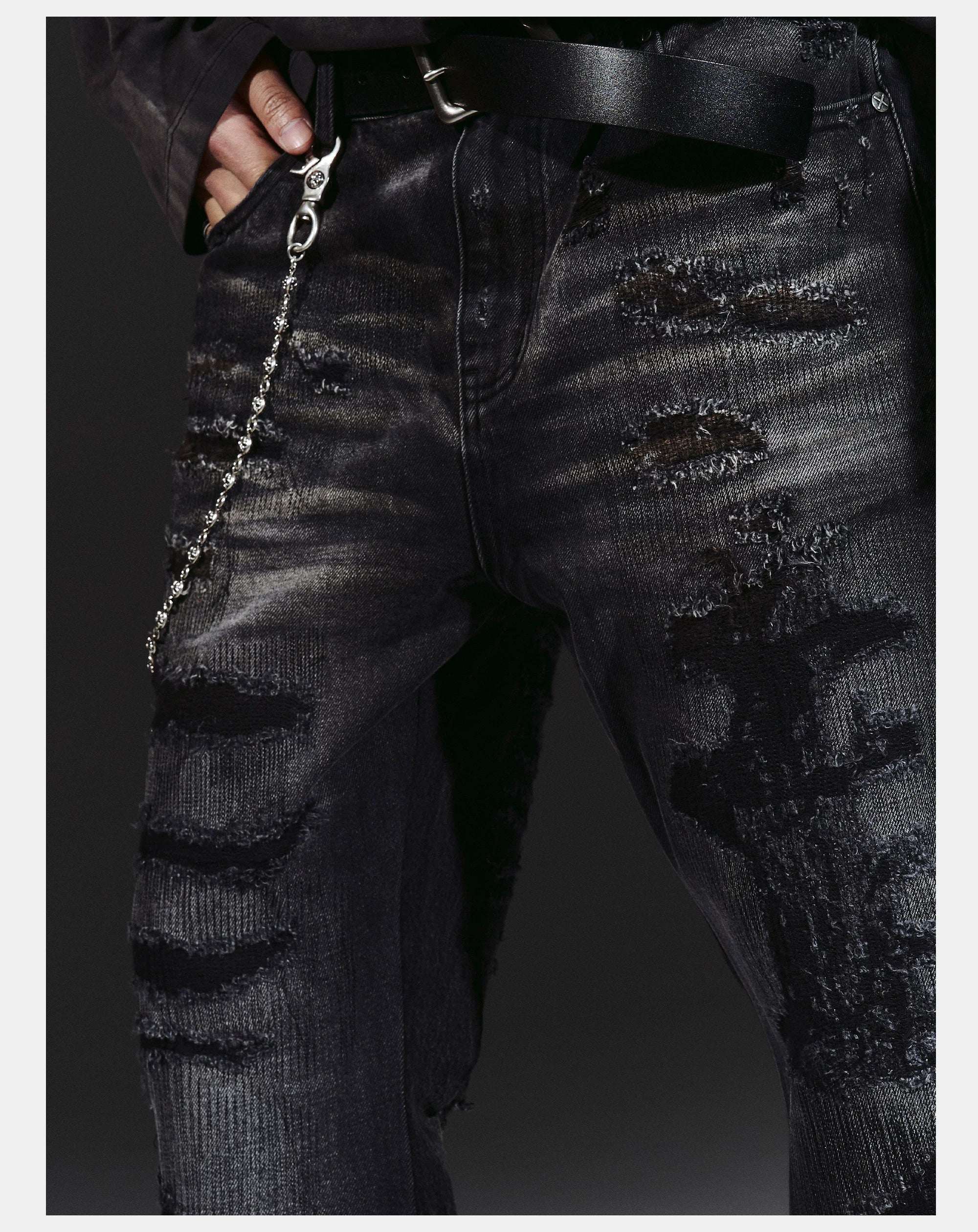 Flared Washed Distressed Patchwork Jeans