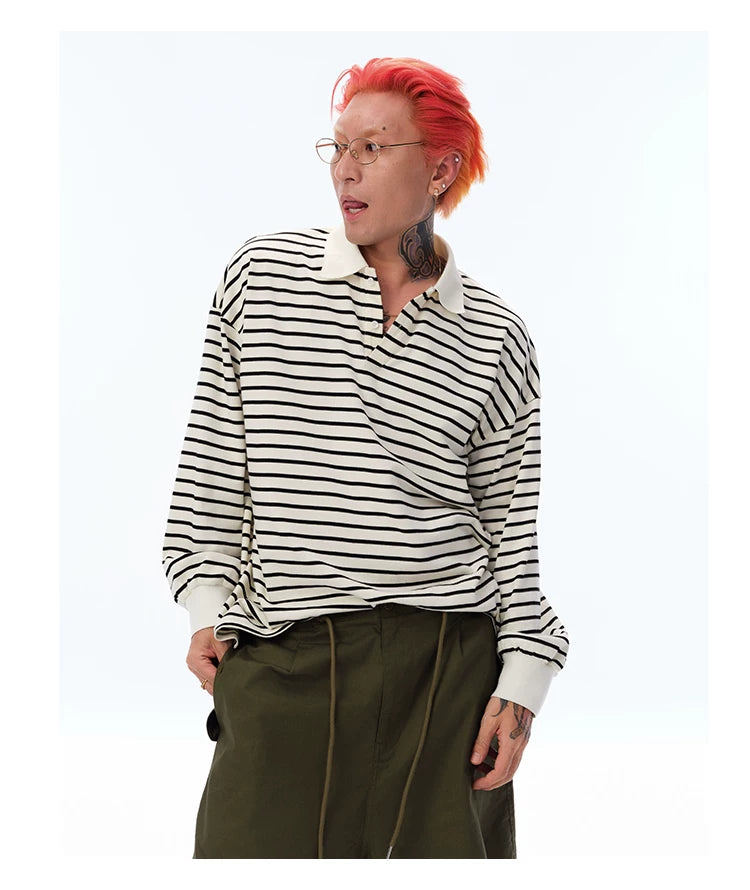 Men's Long Sleeve Striped Cotton Polo