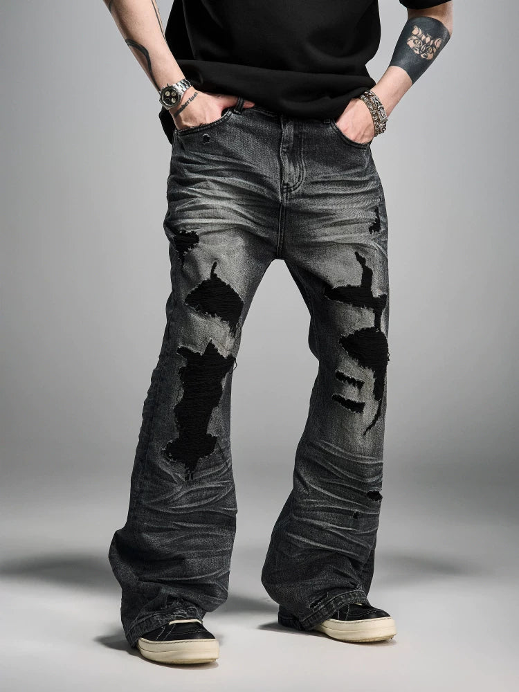 Distressed Gray Wash Relaxed Curved Jeans