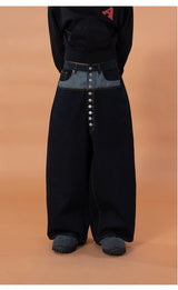 Men's Blue Patchwork Button Cargo Jeans