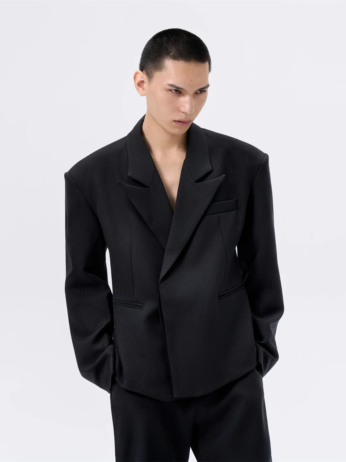 Black Waist-cinched Wide-shoulder Herringbone Blazer