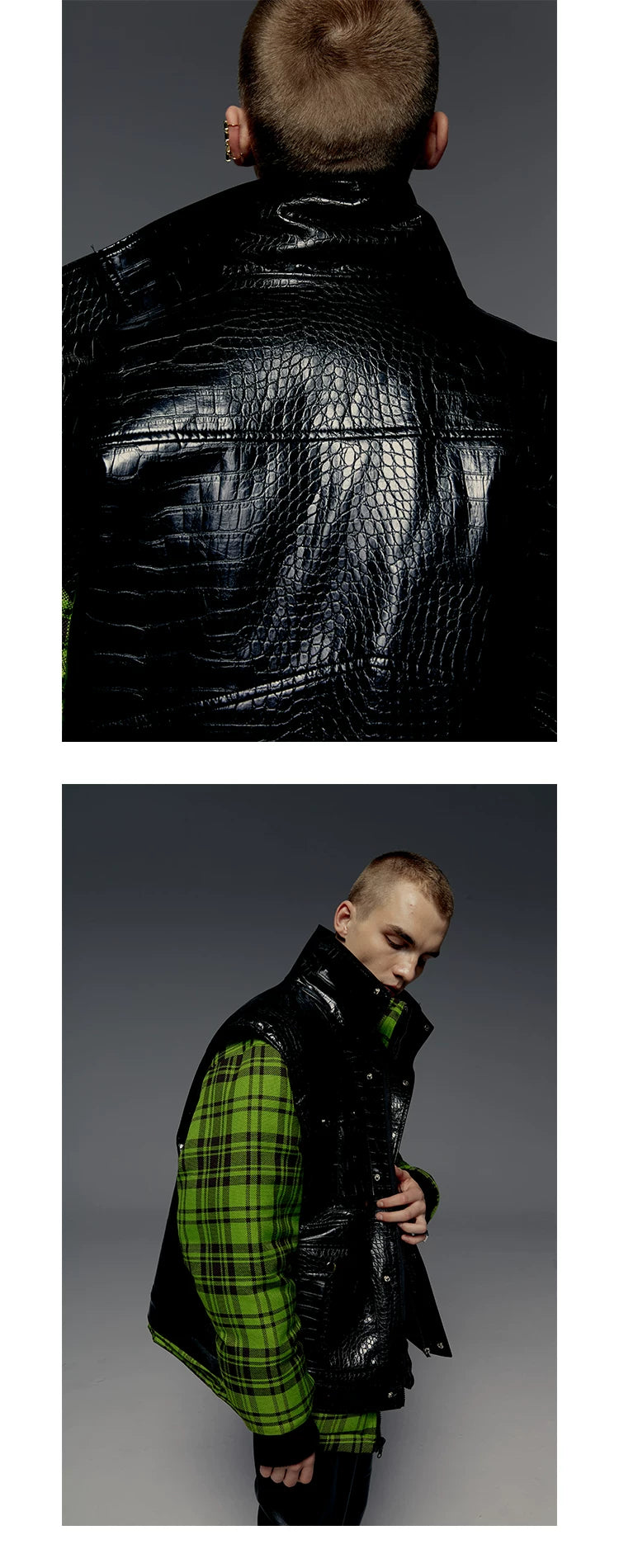 Croc Embossed Multi-pocket Sleeveless Leather Jacket