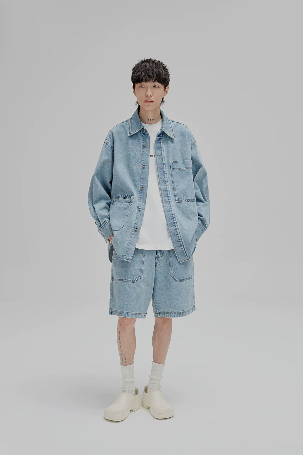 14Oz Washed Denim Asymmetric-Pocket Shirt Jacket