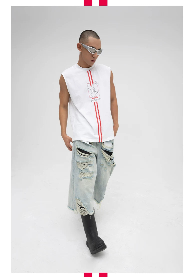Men's White Loose Hand-Printed Tank Tops