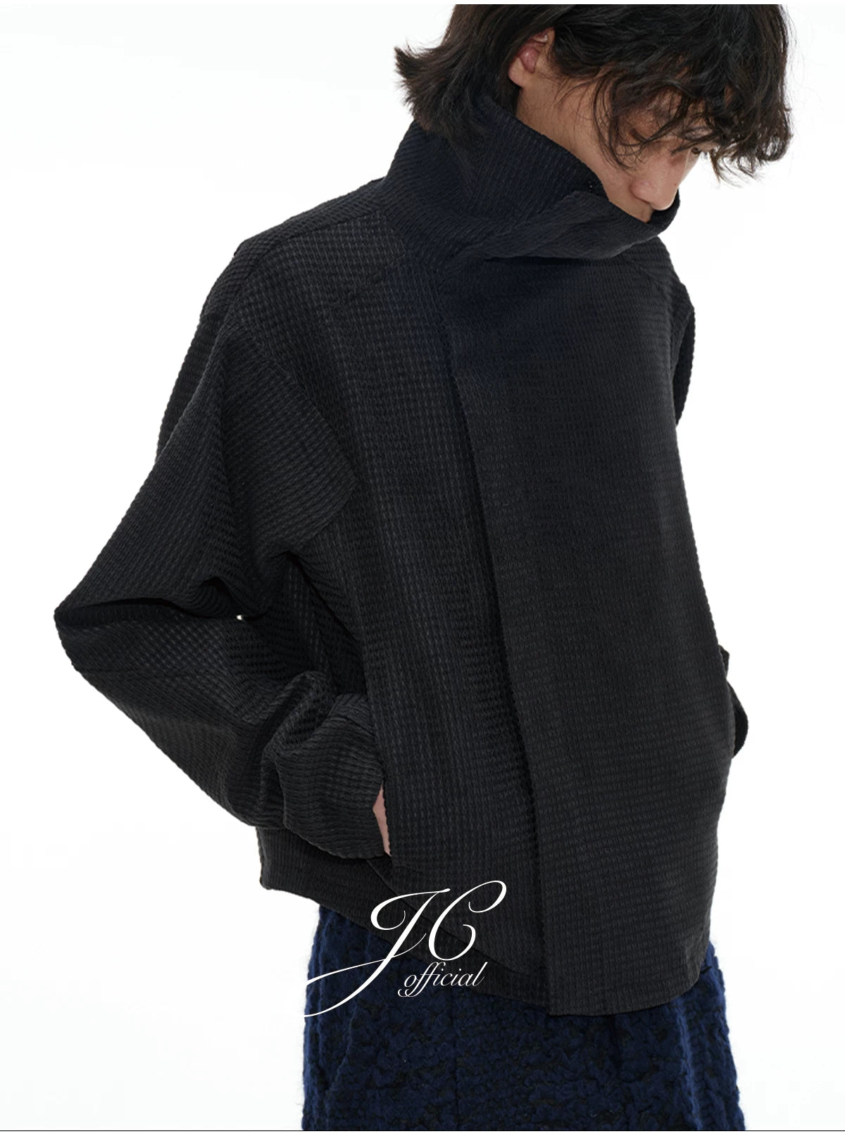 Jacquard Wide Lapel Asymmetric Zipper Jacket
