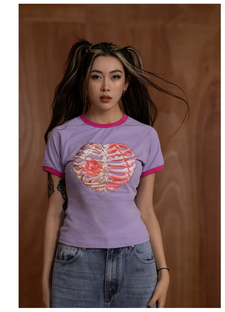 Slim Purple Heart Skeleton Rhinestone Tee