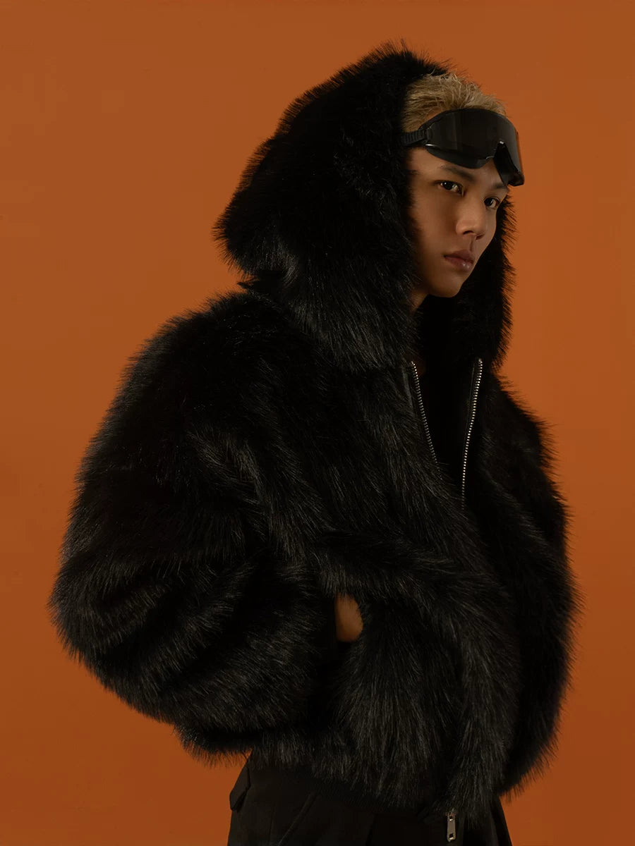 Black Red Hooded Faux Fur Coat