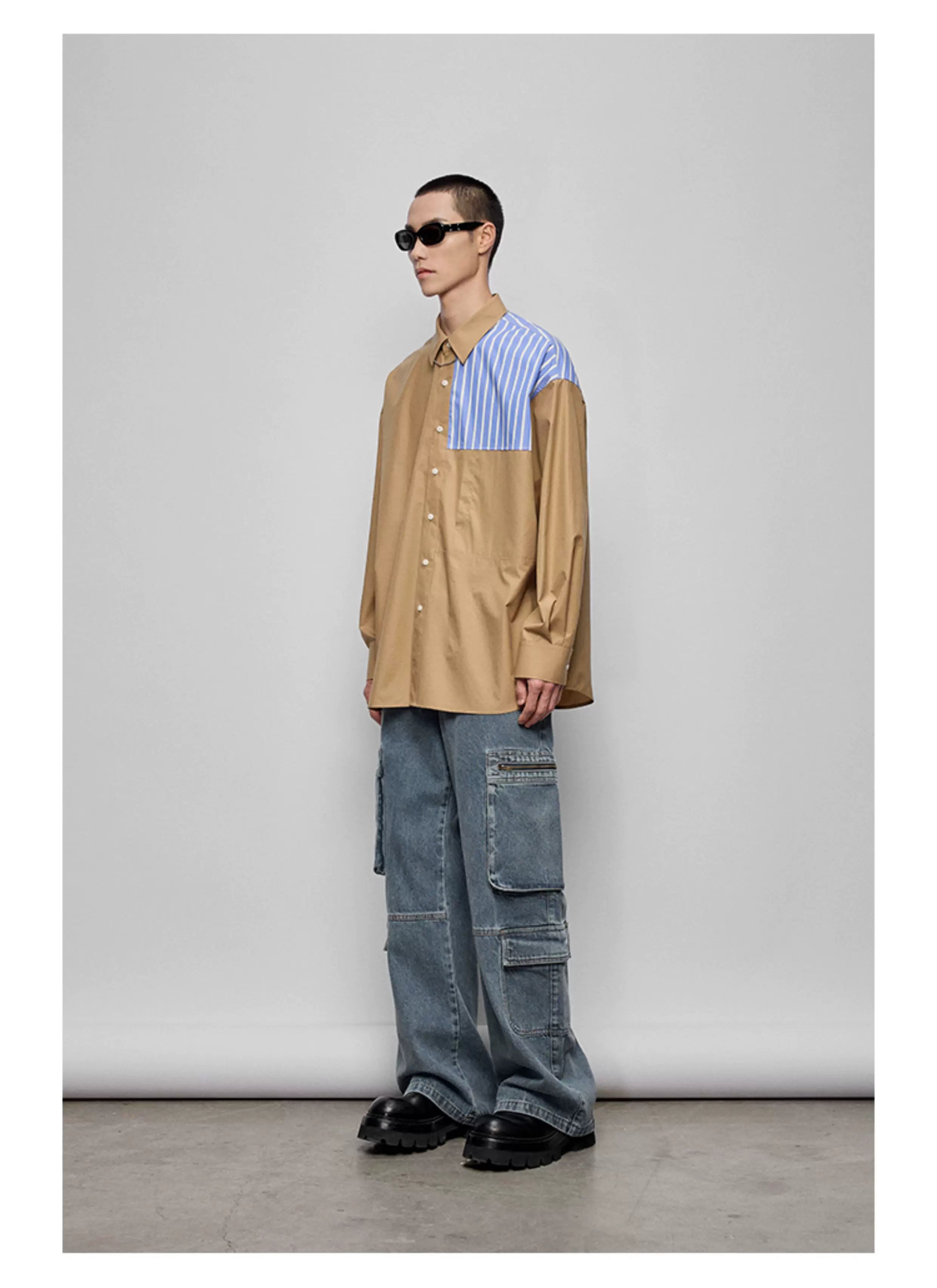 Color-block Striped Cotton Pocket Shirt