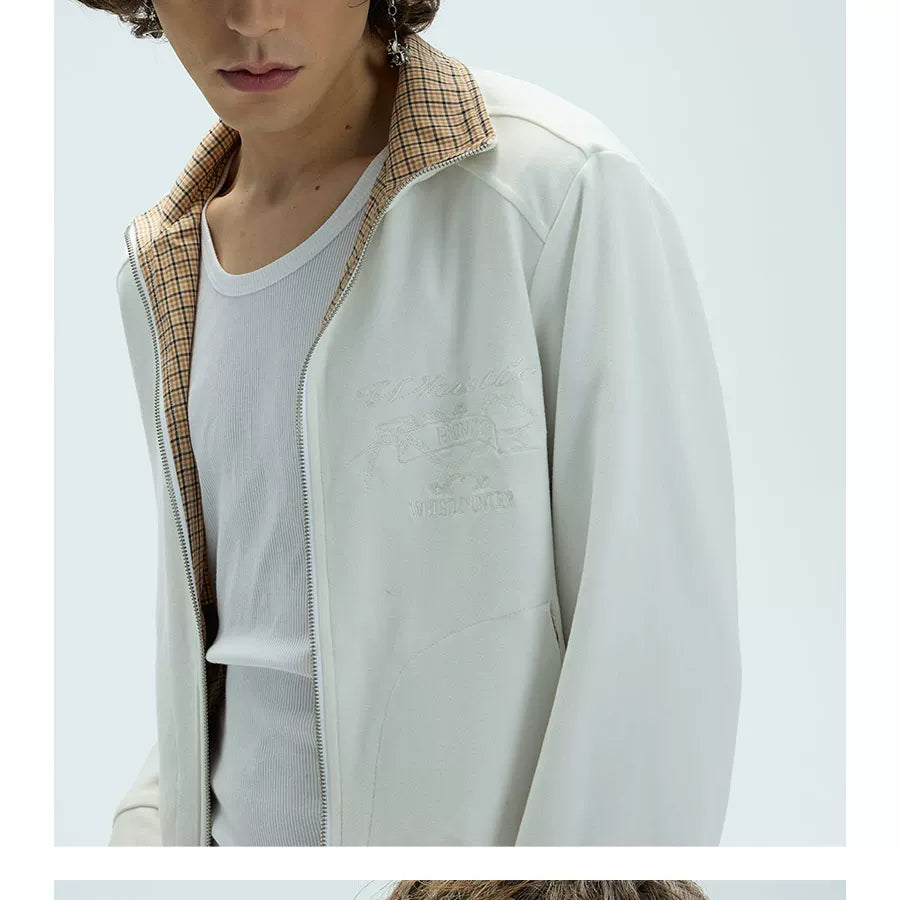 Reversible Plaid Embroidered Zip-front Fleece Jacket