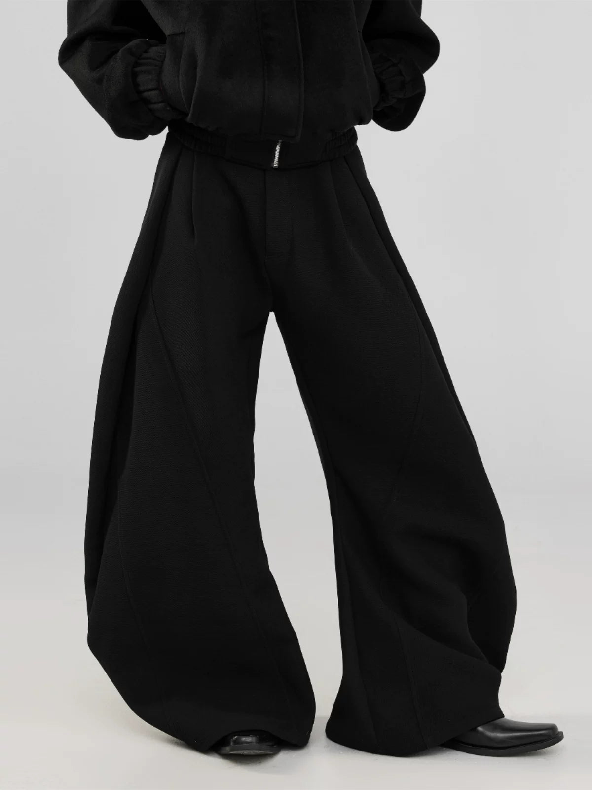 Black Pleated Curved Wide Leg Pants