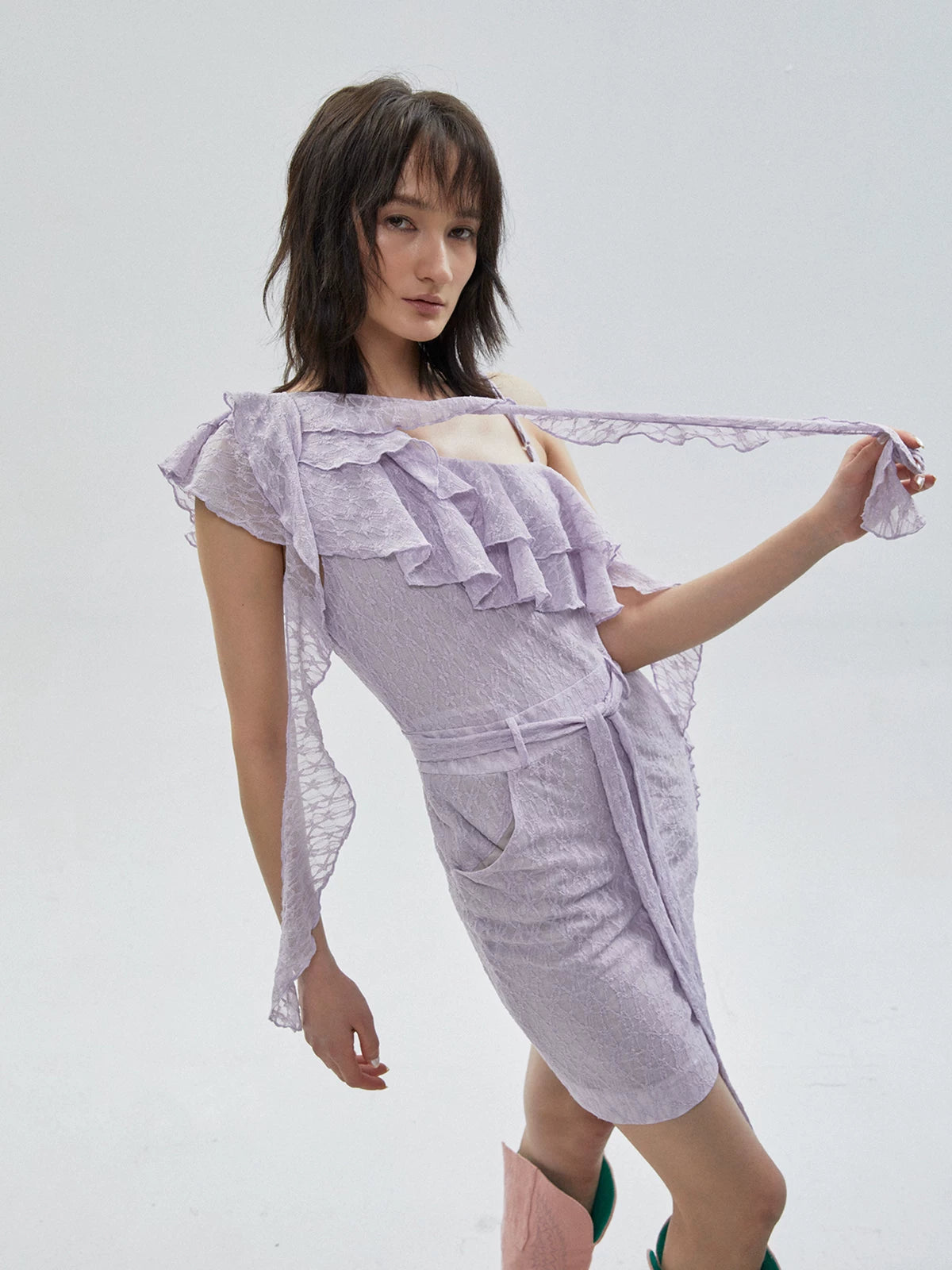 One-shoulder Vintage Lined Mesh Lace Dress