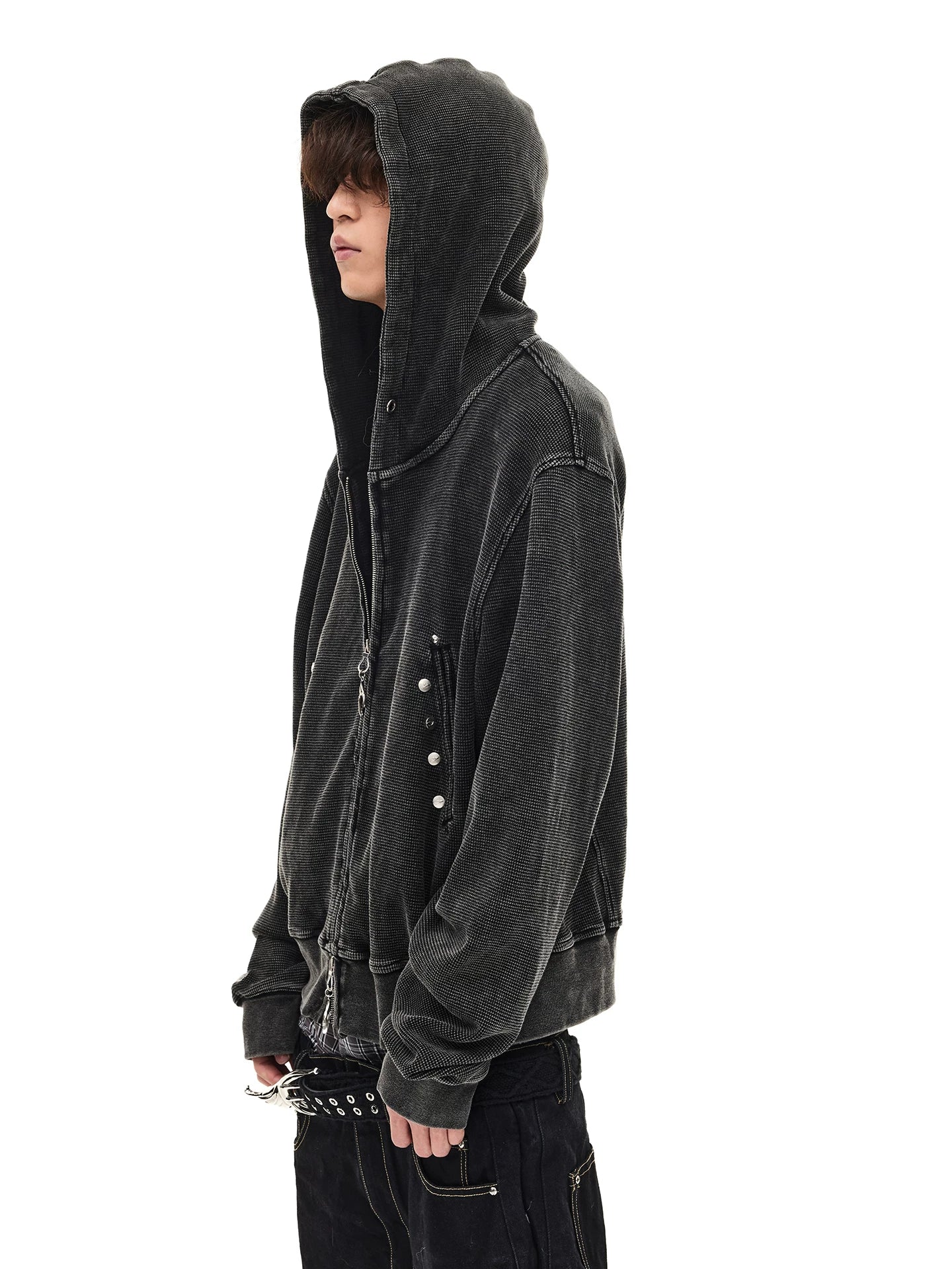 Distressed Waffle Riveted Zip-Up Hoodie