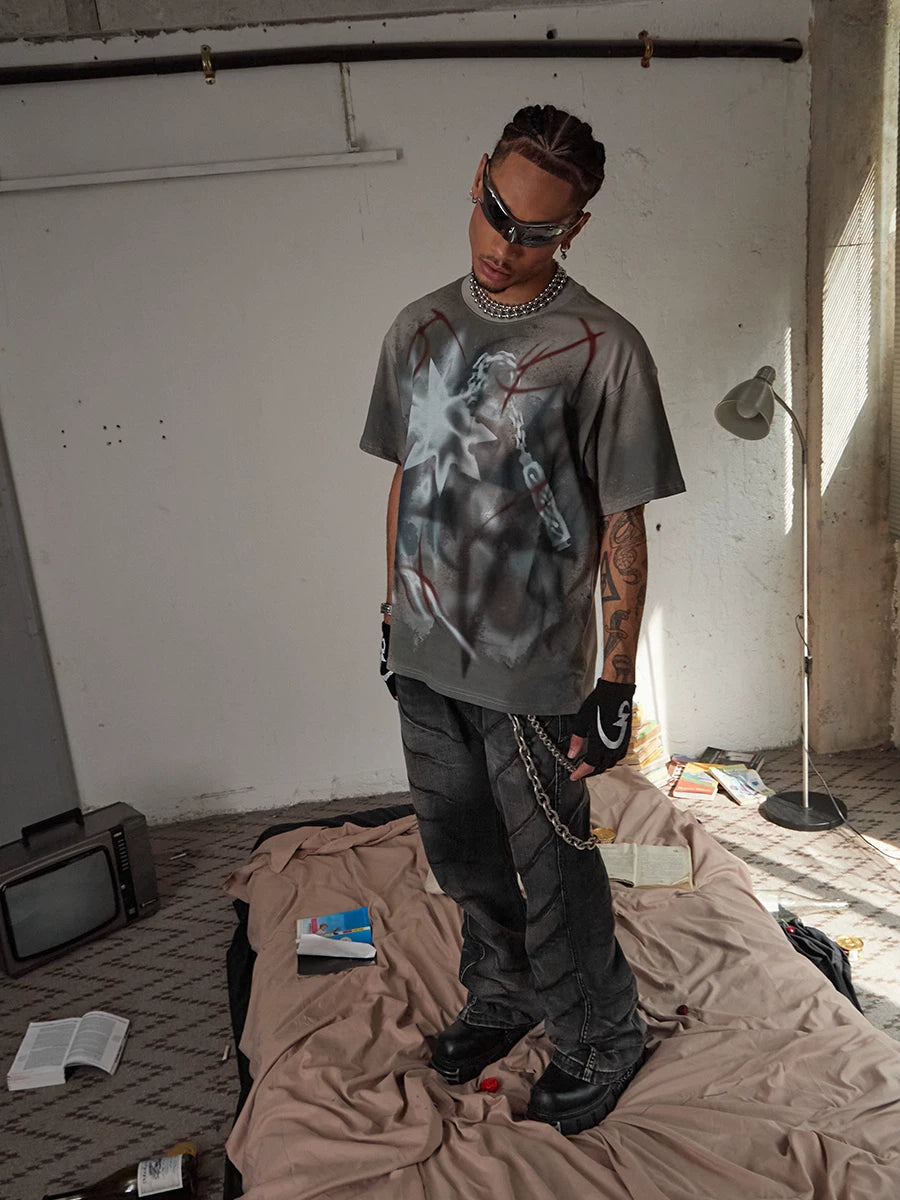 Black Washed Distressed Straight Flared Jeans