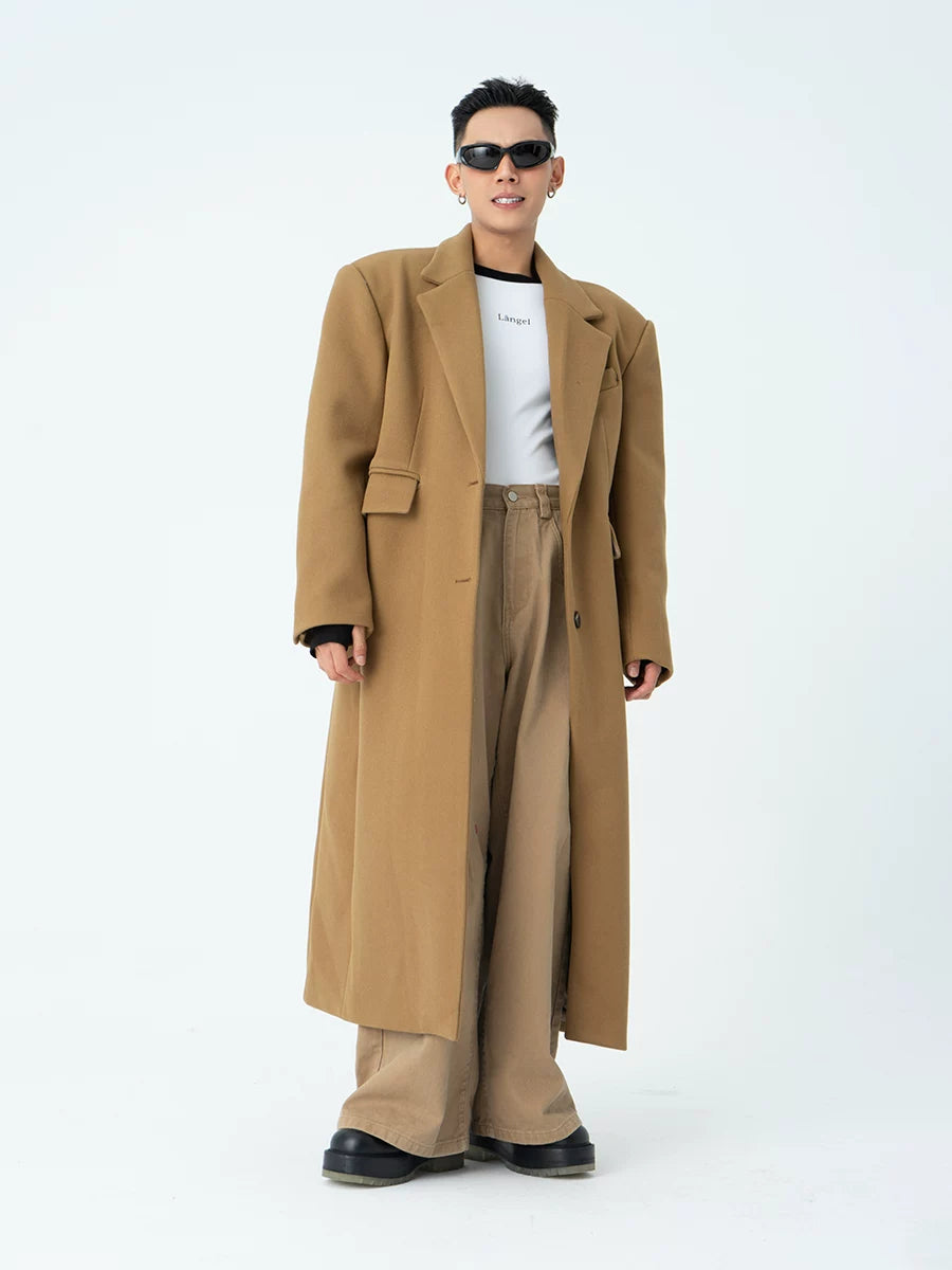 Men's Long Woolen Shoulder-padded Coat
