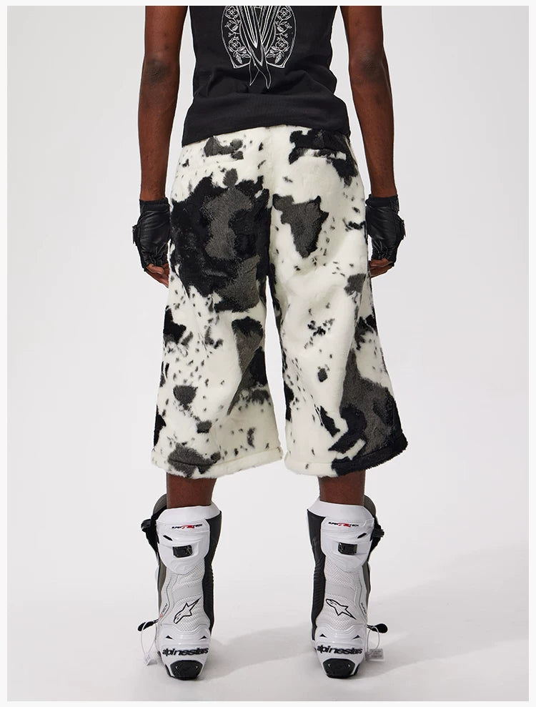 Cropped Cow Print Faux Fur Shorts