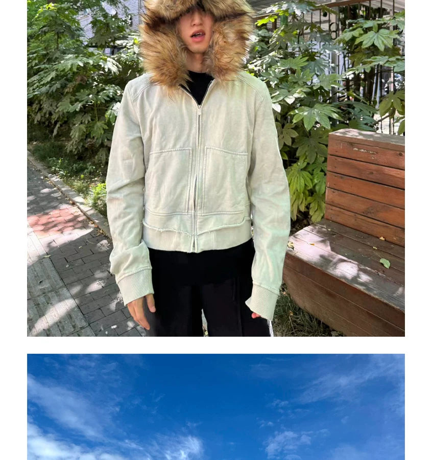 Washed Detachable Fur Zip Hoodie