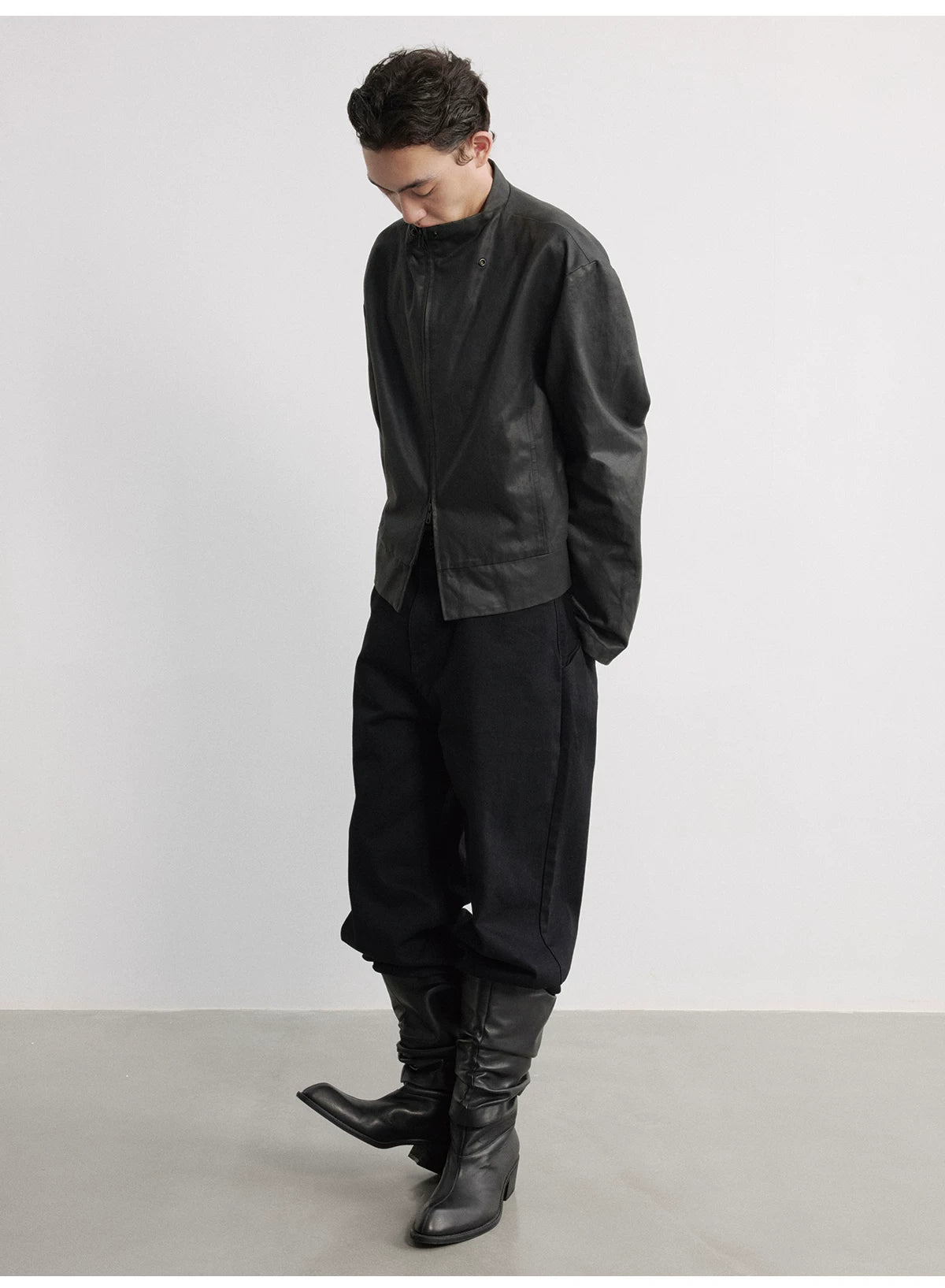 Leather Jacket With Irregular Snap Collar