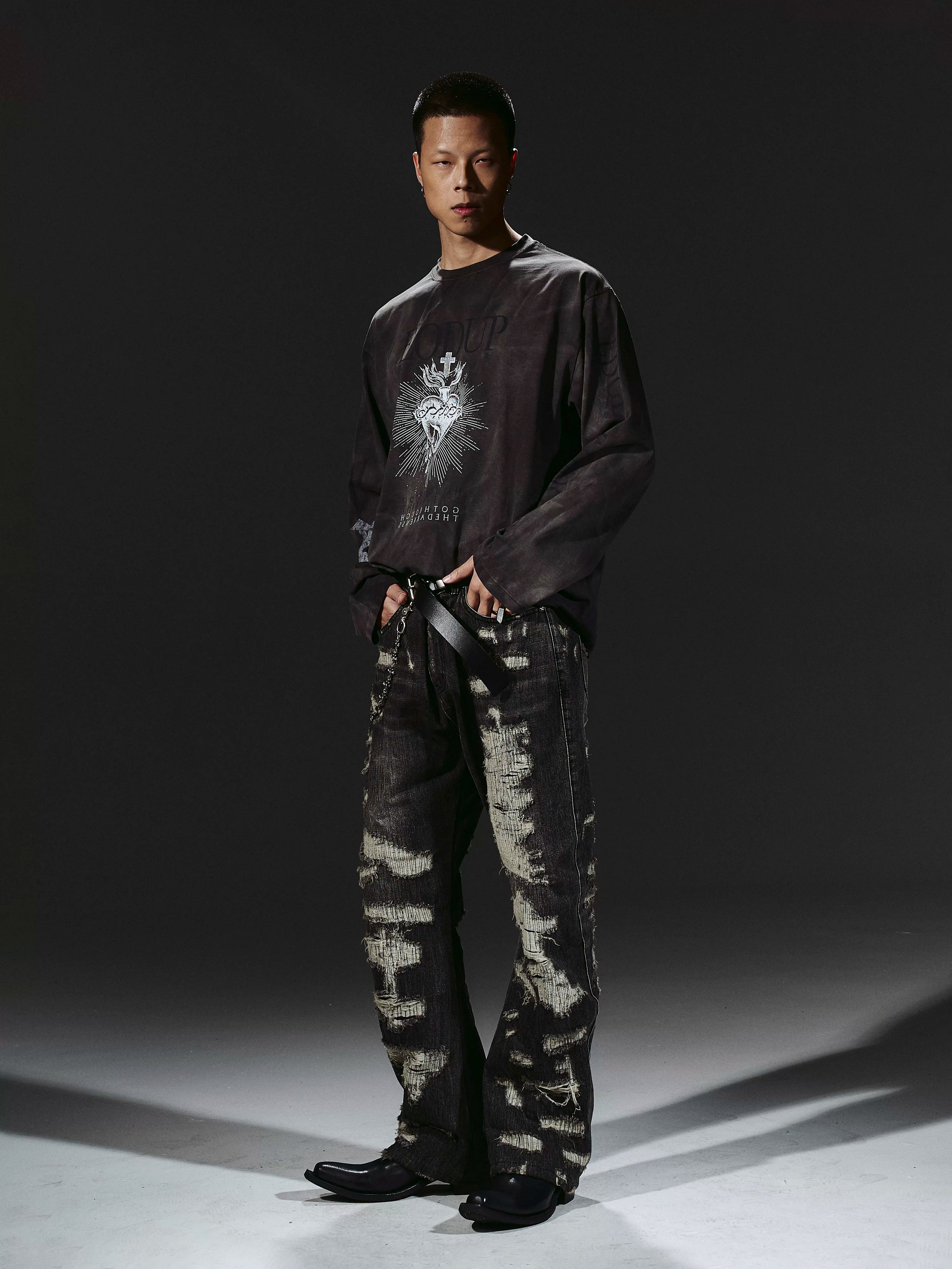 Heavyweight Distressed Embroidered Patchwork Flared Jeans