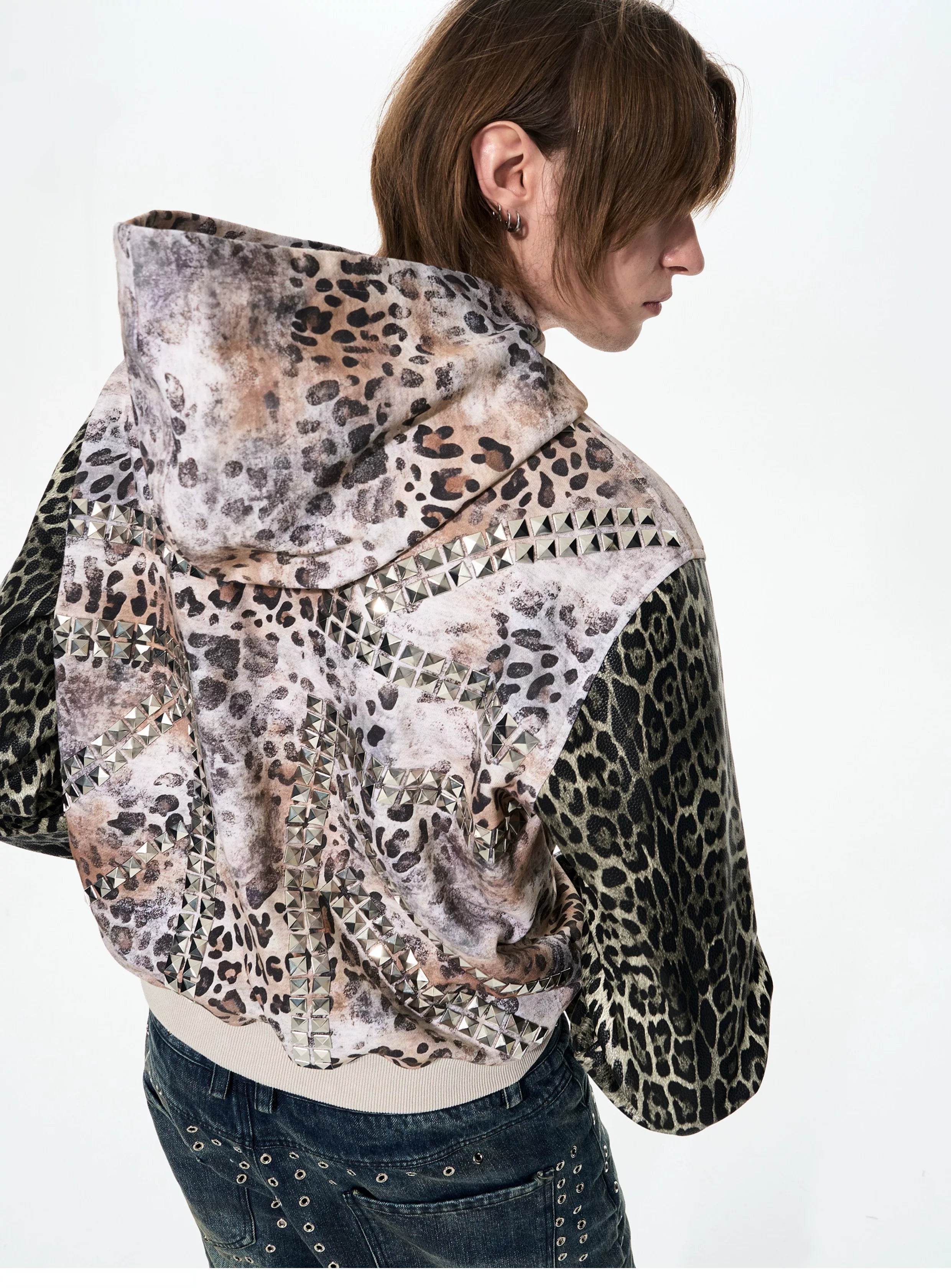 Leopard Patchwork Hooded Rivet Jacket