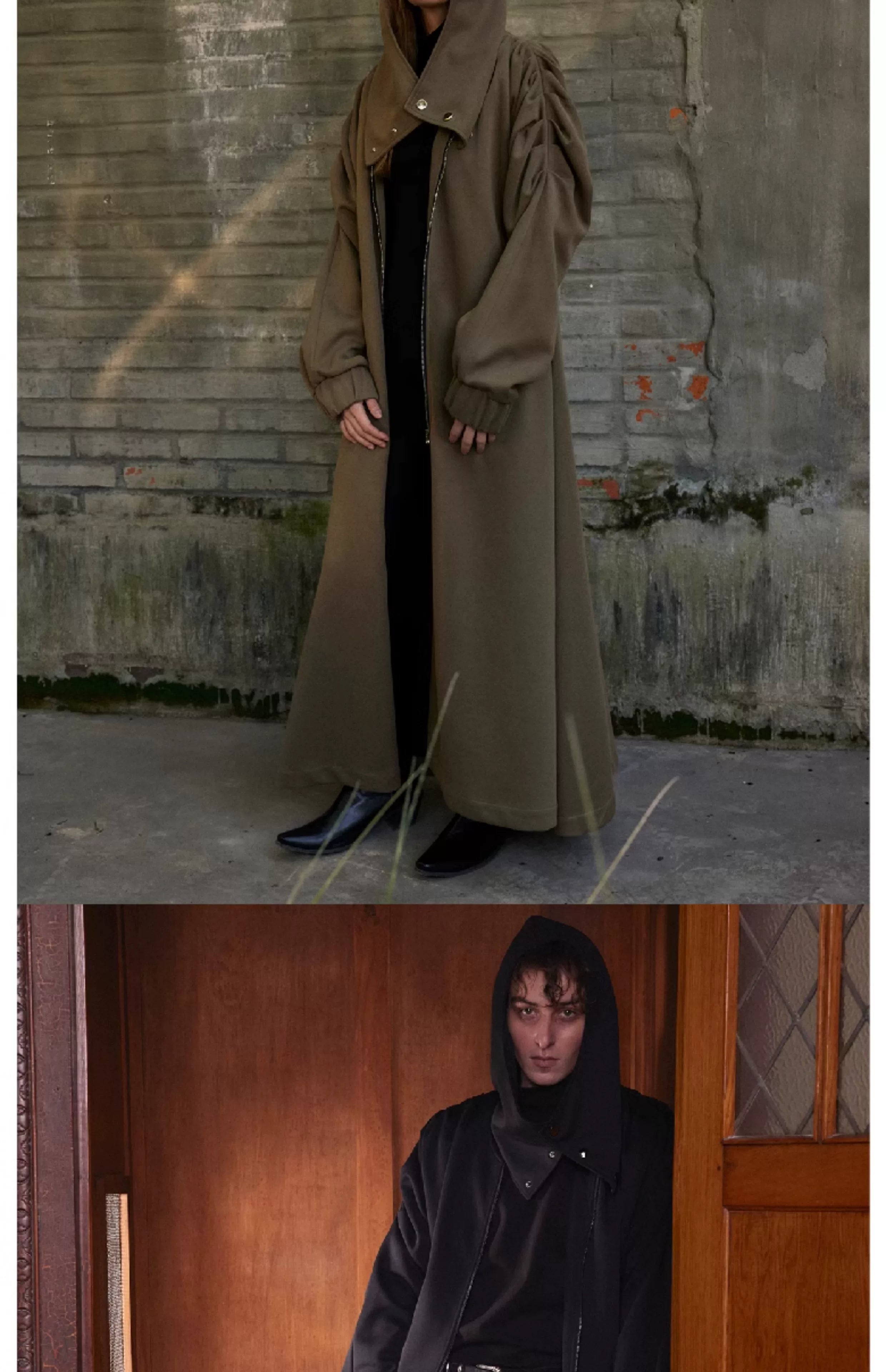 Unisex Hooded Ruched-Waist Cape Coat