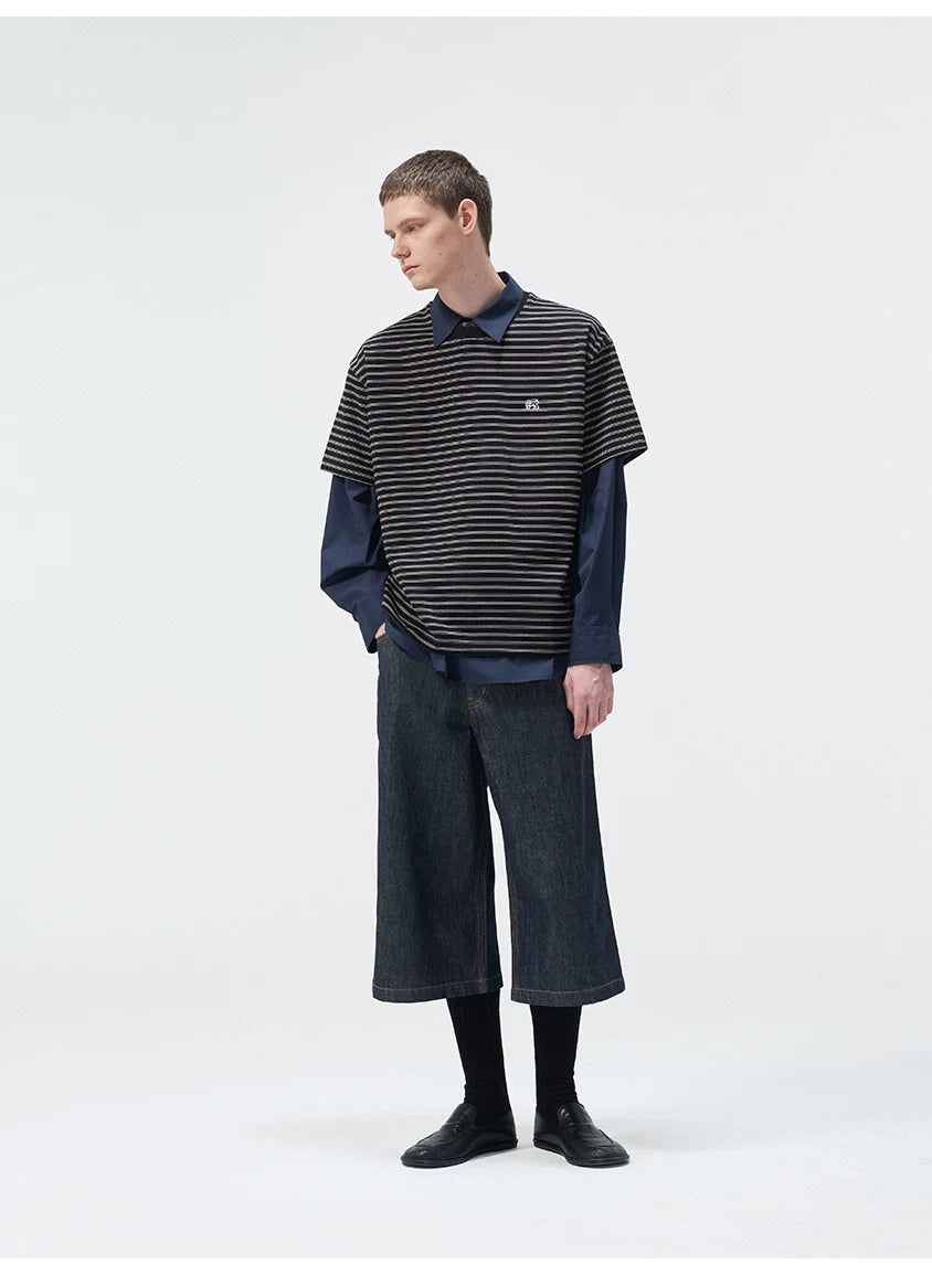 Short Sleeve Striped Embroidered Cotton Tee