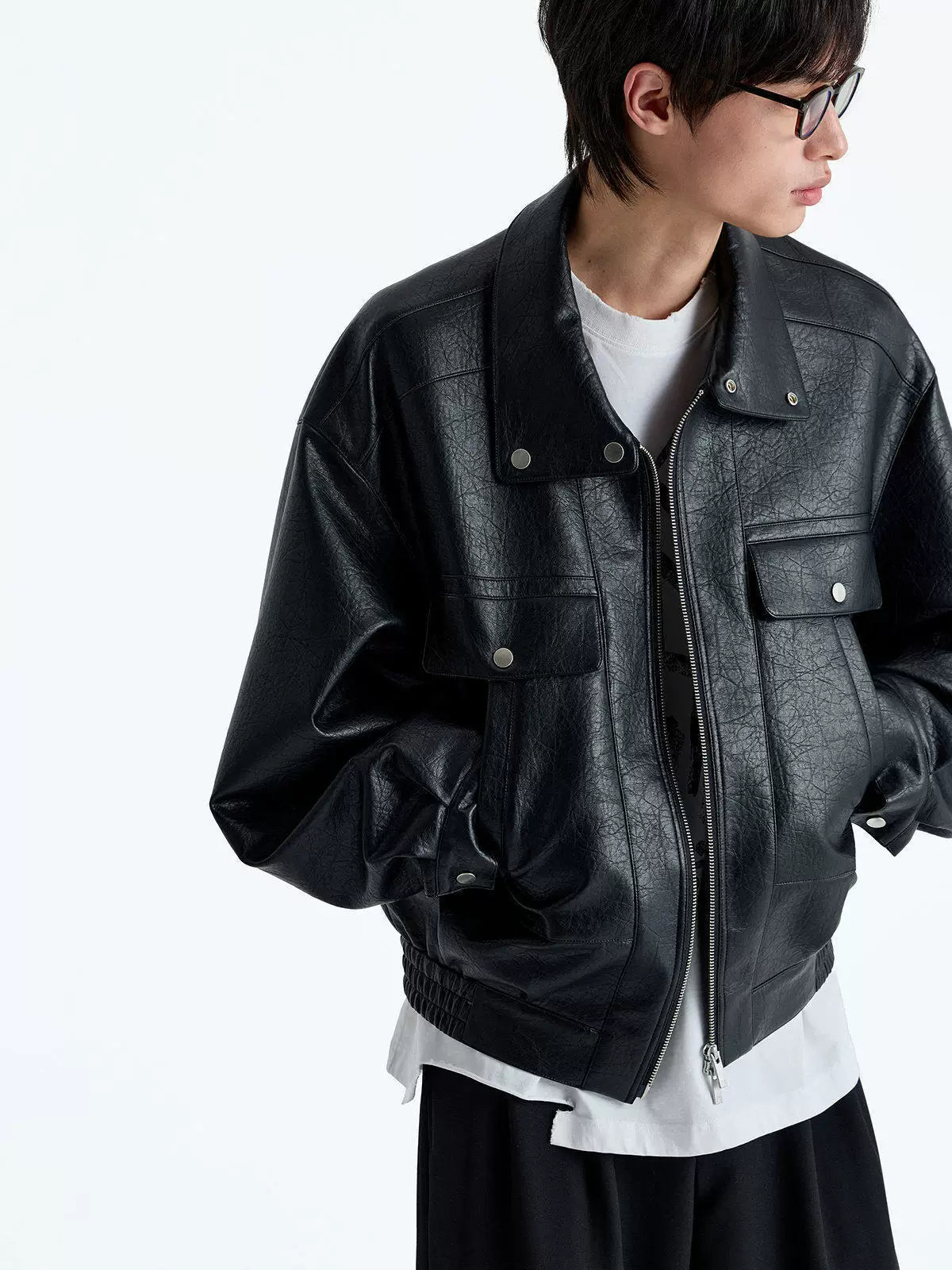 Vintage Faux Leather Multi-Pocket Cropped Jacket