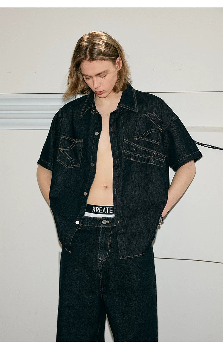 Deconstructed Short-Sleeve Denim Shirt