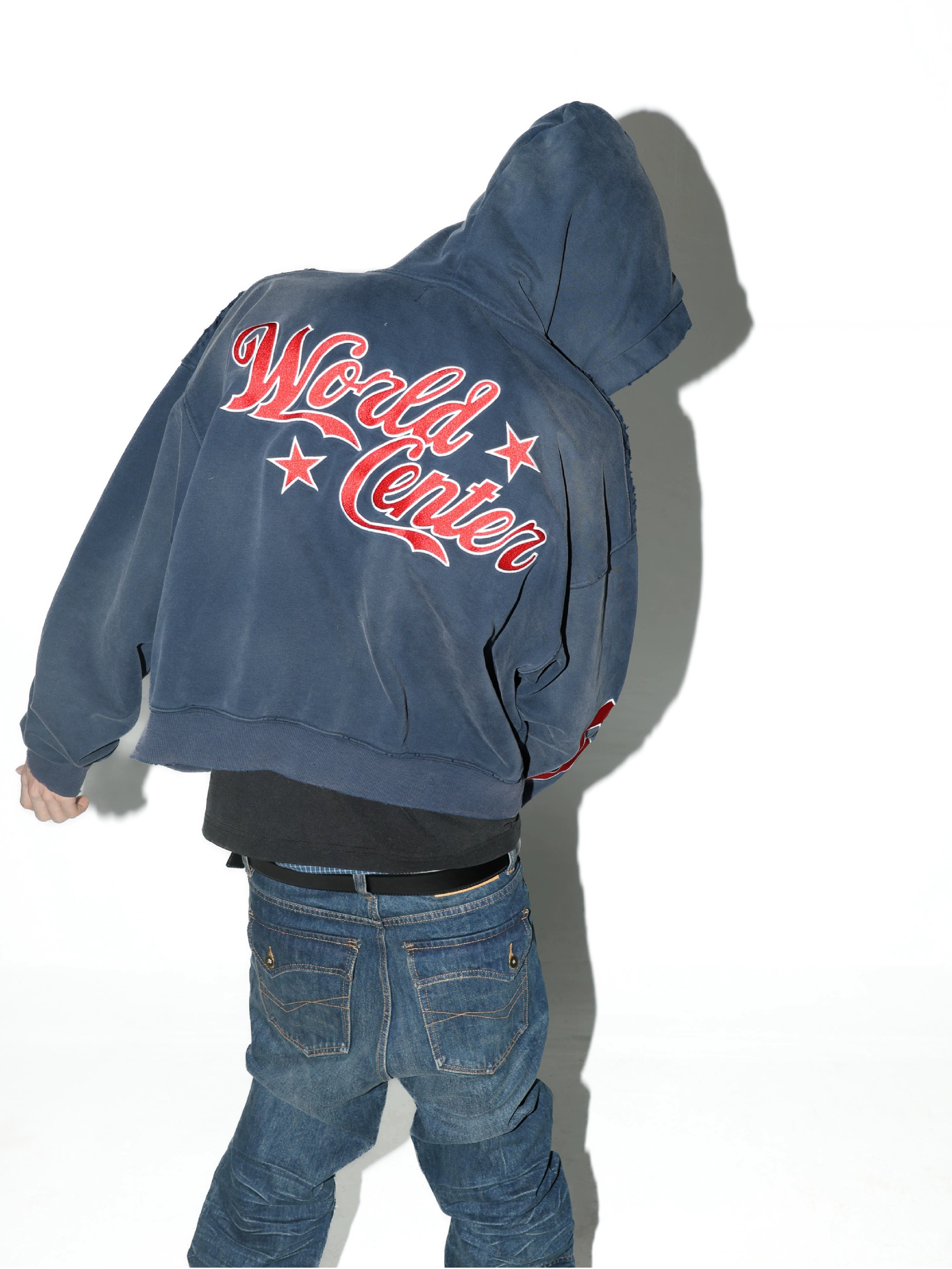 Navy Washed Embroidered Cropped Zip-Up Hoodie