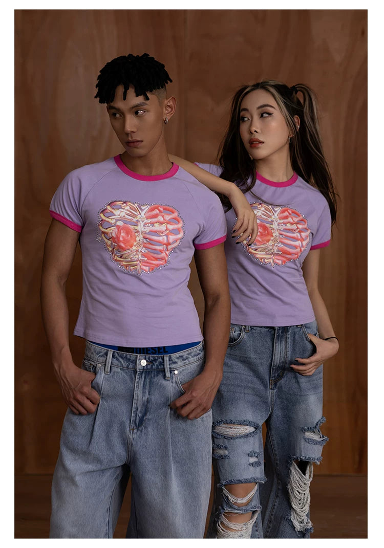 Slim Purple Heart Skeleton Rhinestone Tee