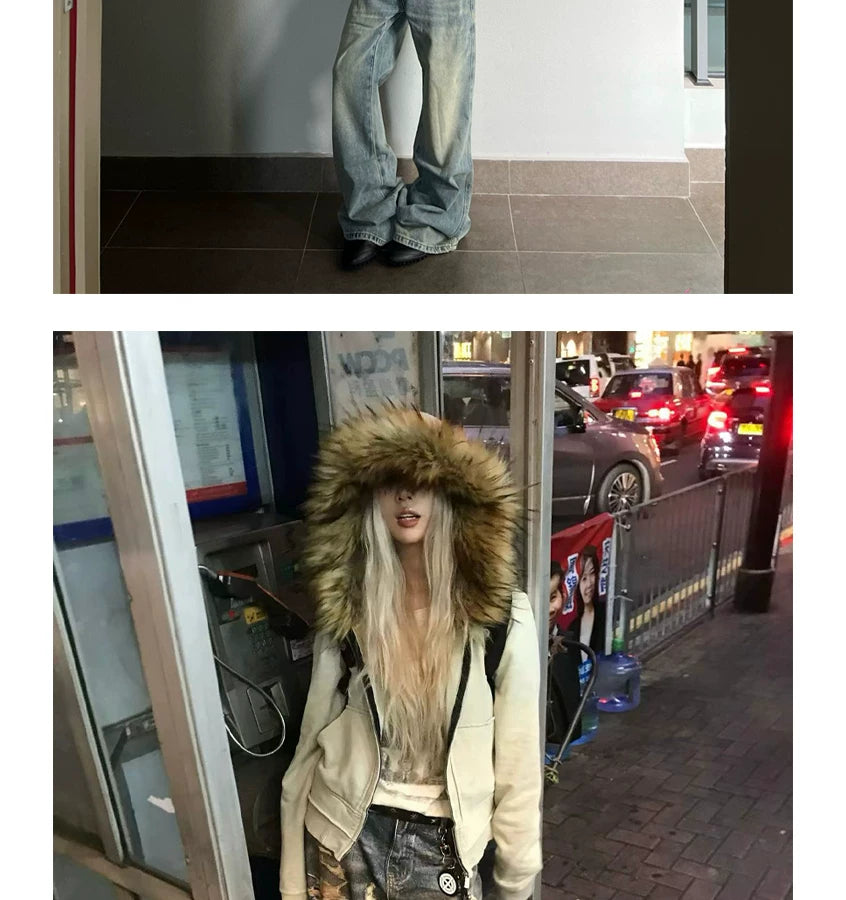 Washed Detachable Fur Zip Hoodie