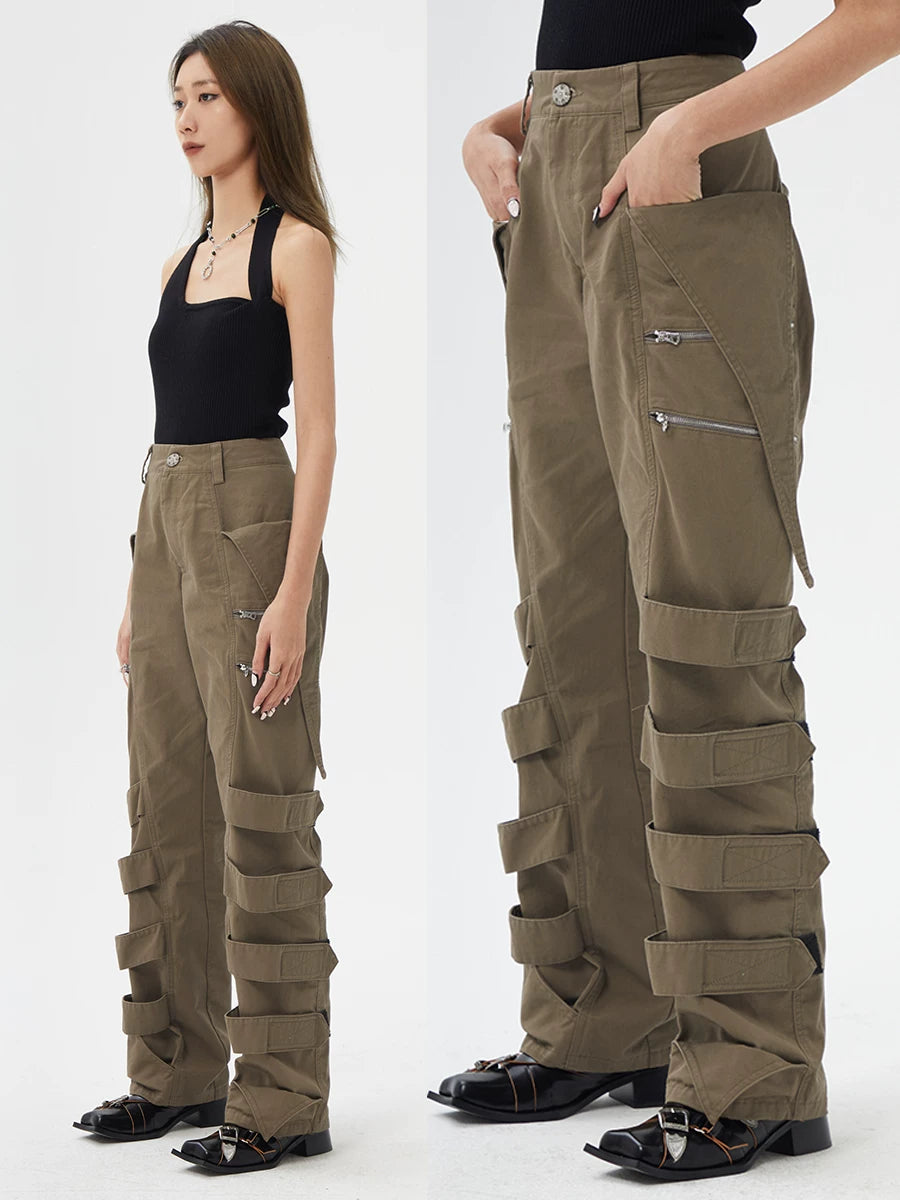 Vintage Brown Tie-Waist Wide-Leg Cargo Pants