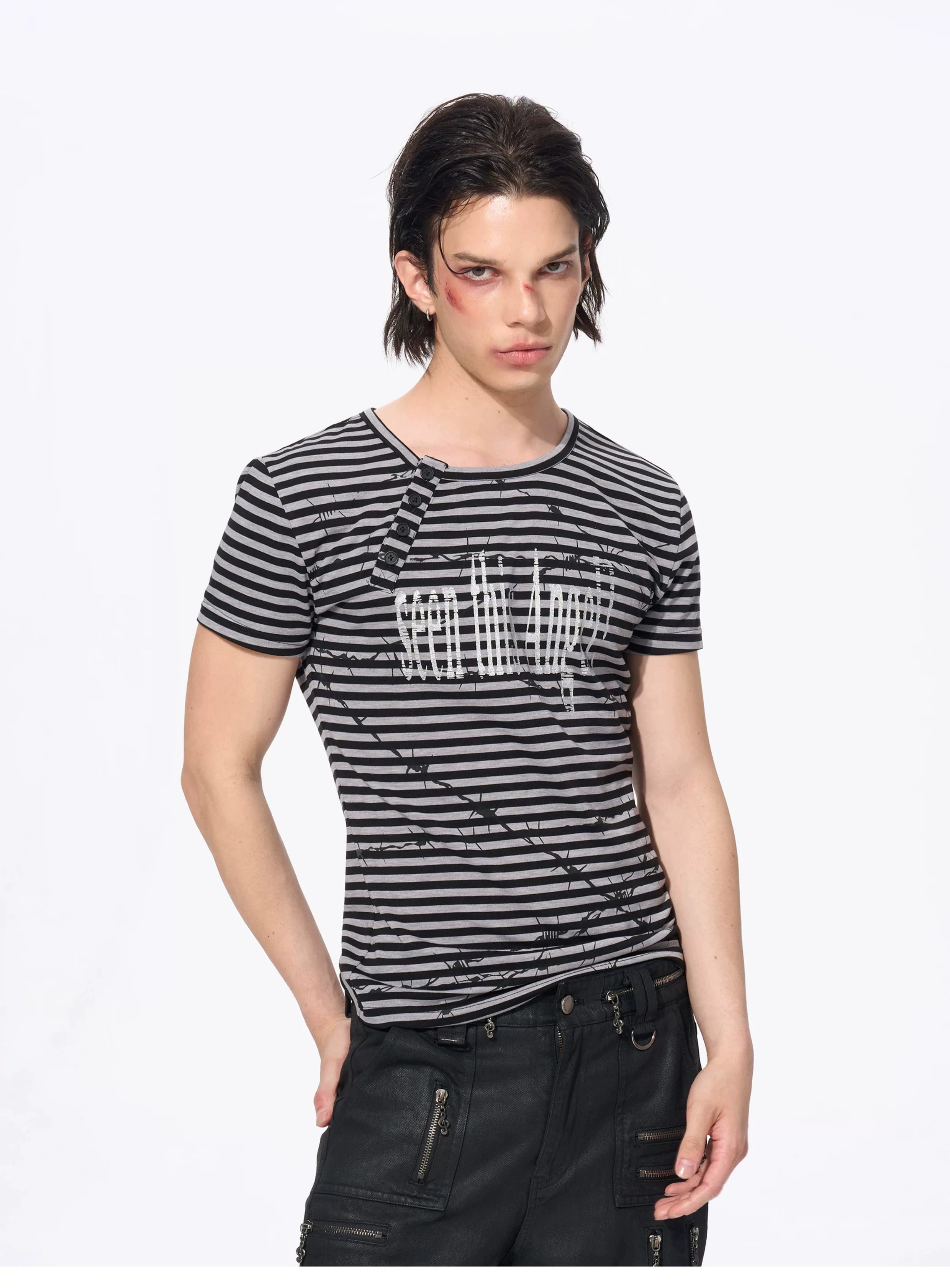 Slim Fit Letter Print Striped Tees