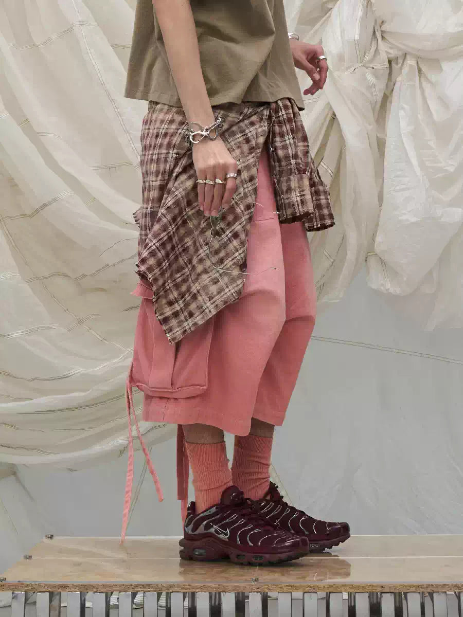 Oversized Adjustable Bow Pink-Washed Denim Shorts