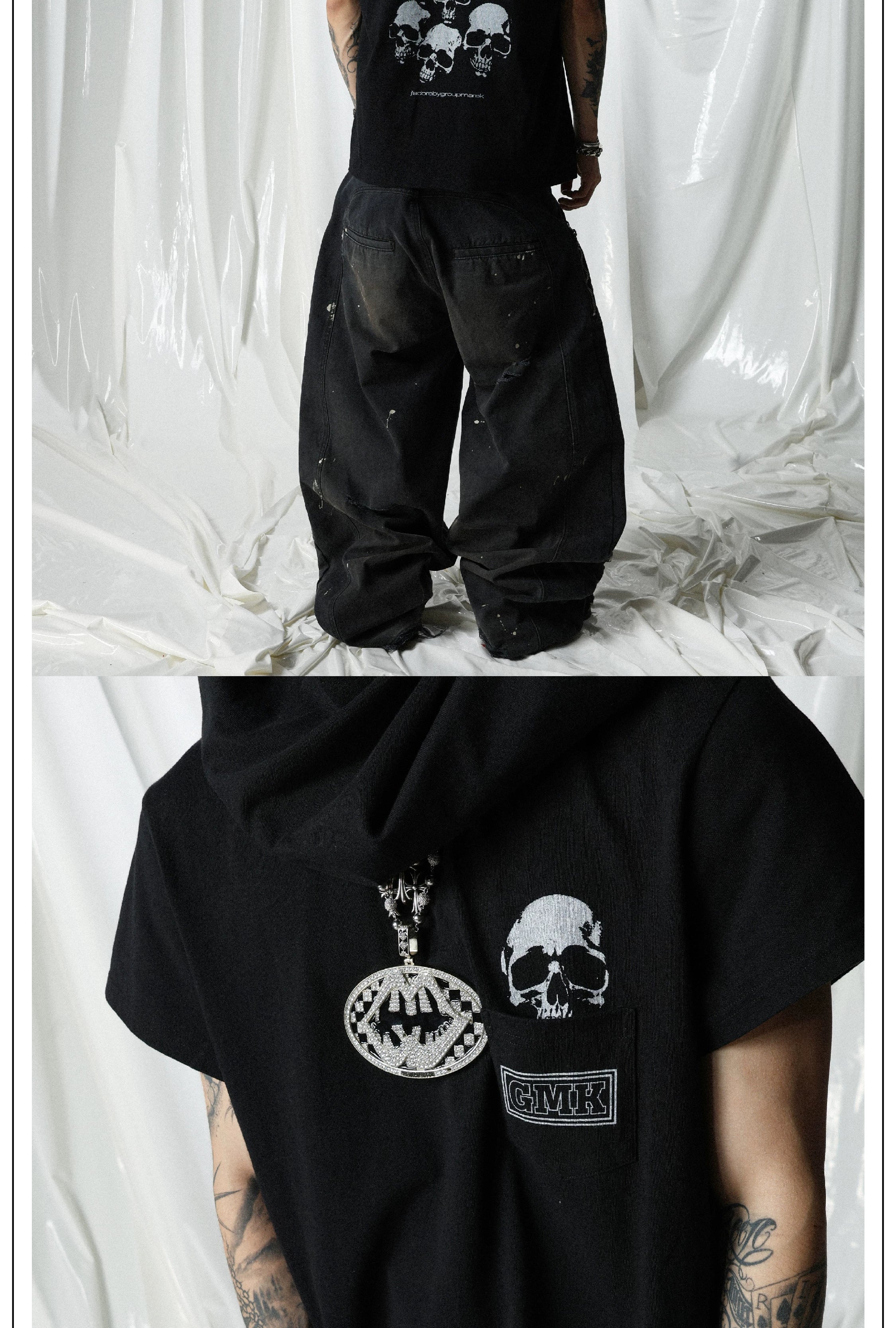 Black Skull Print Pocket Tee