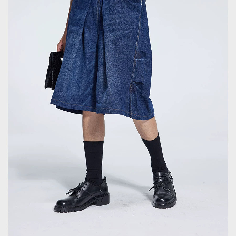 Special Waistband Tailored Washed Denim Shorts