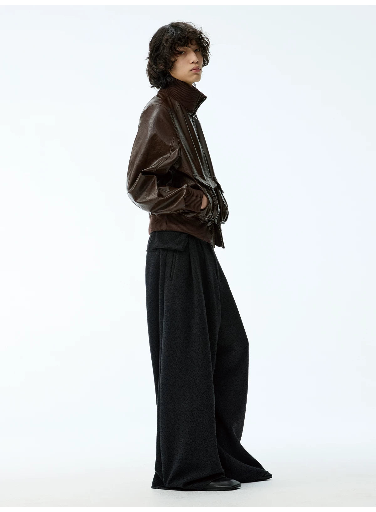 Cropped Double Zipper Waxed Leather Jacket