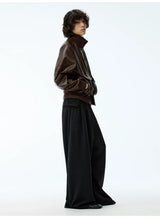 Cropped Double Zipper Waxed Leather Jacket