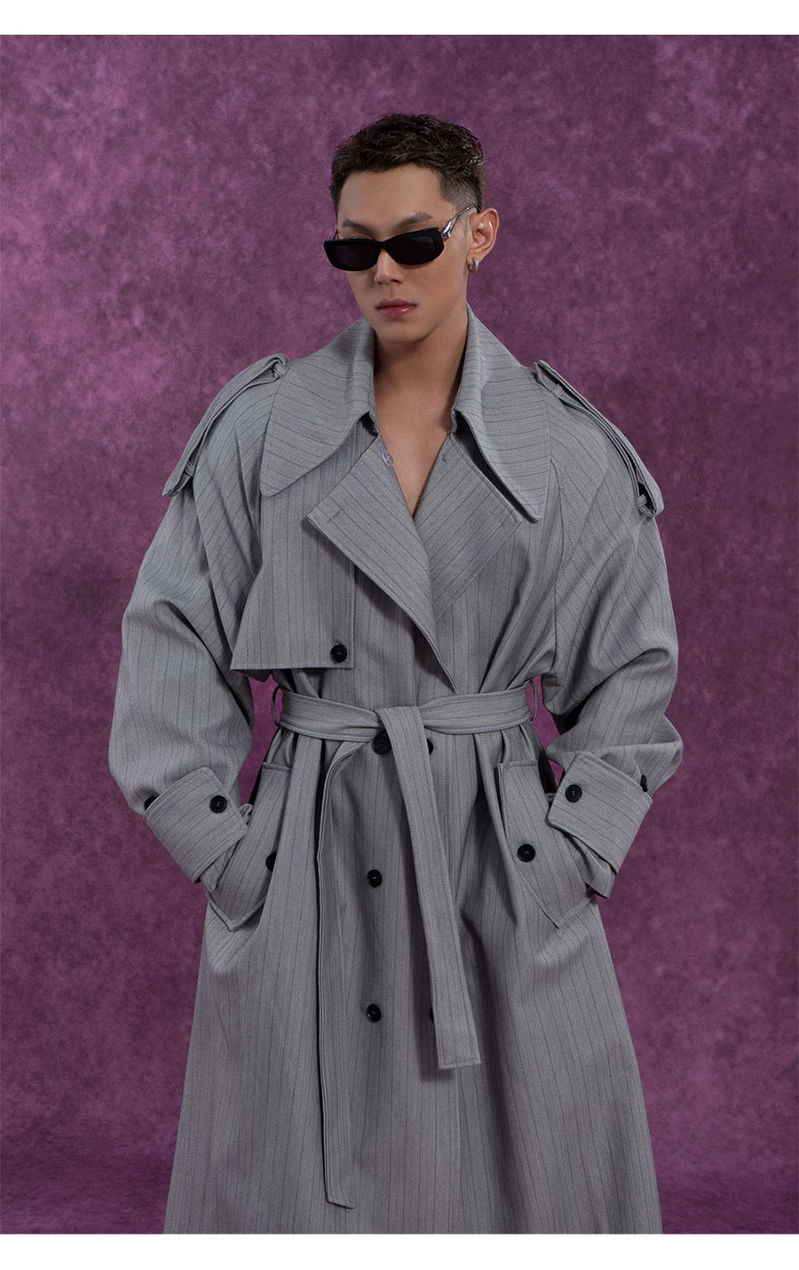 Belted Vintage Taupe Striped Cape Coat