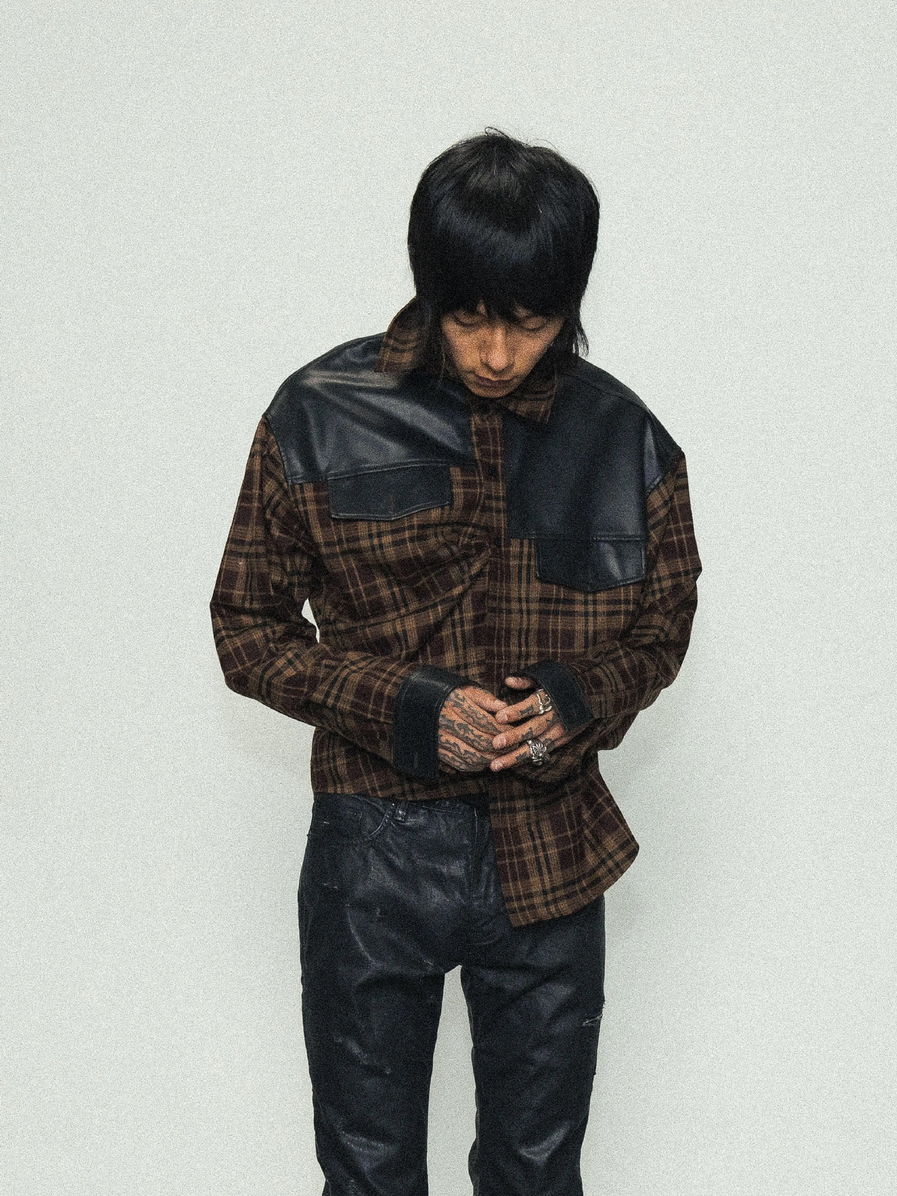Brown Plaid Leather Shirt Jacket