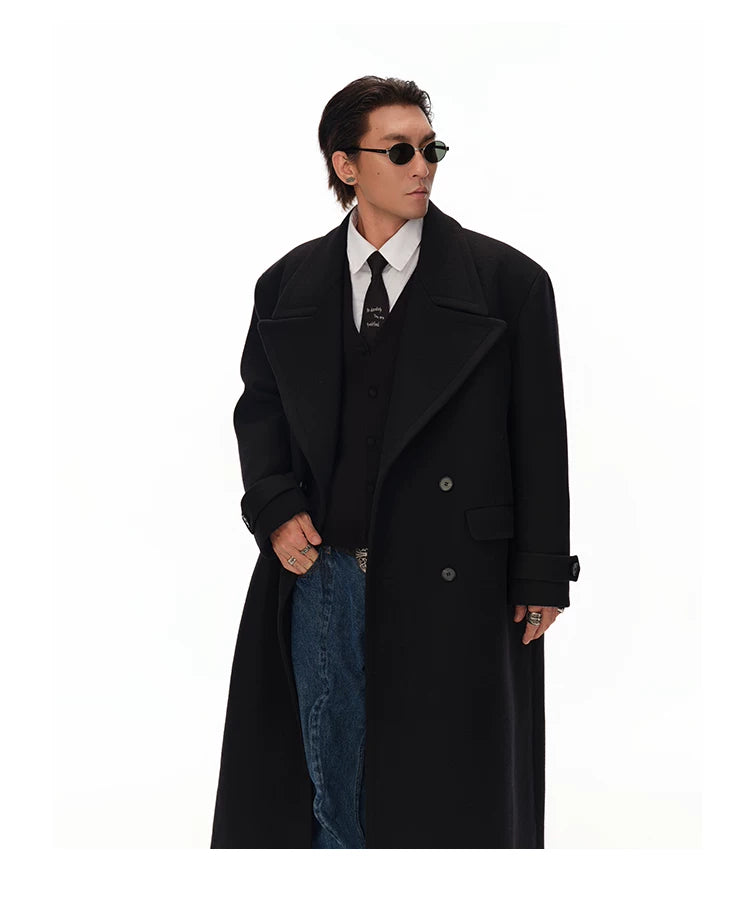 Men's Long Black Double-breasted Wool Coat